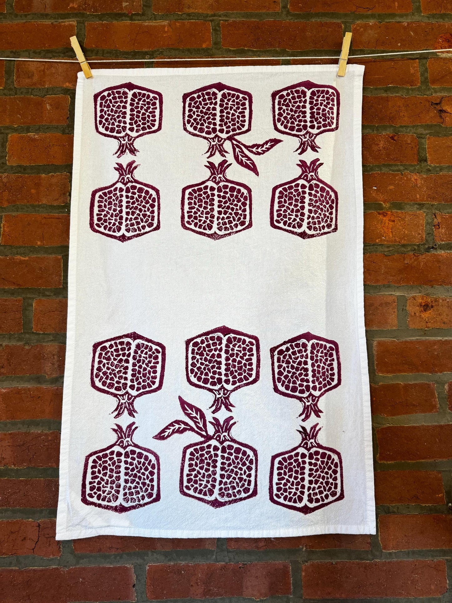 Hand Printed Pomegranate Tea Towel – Burgundy Holiday Kitchen Decor