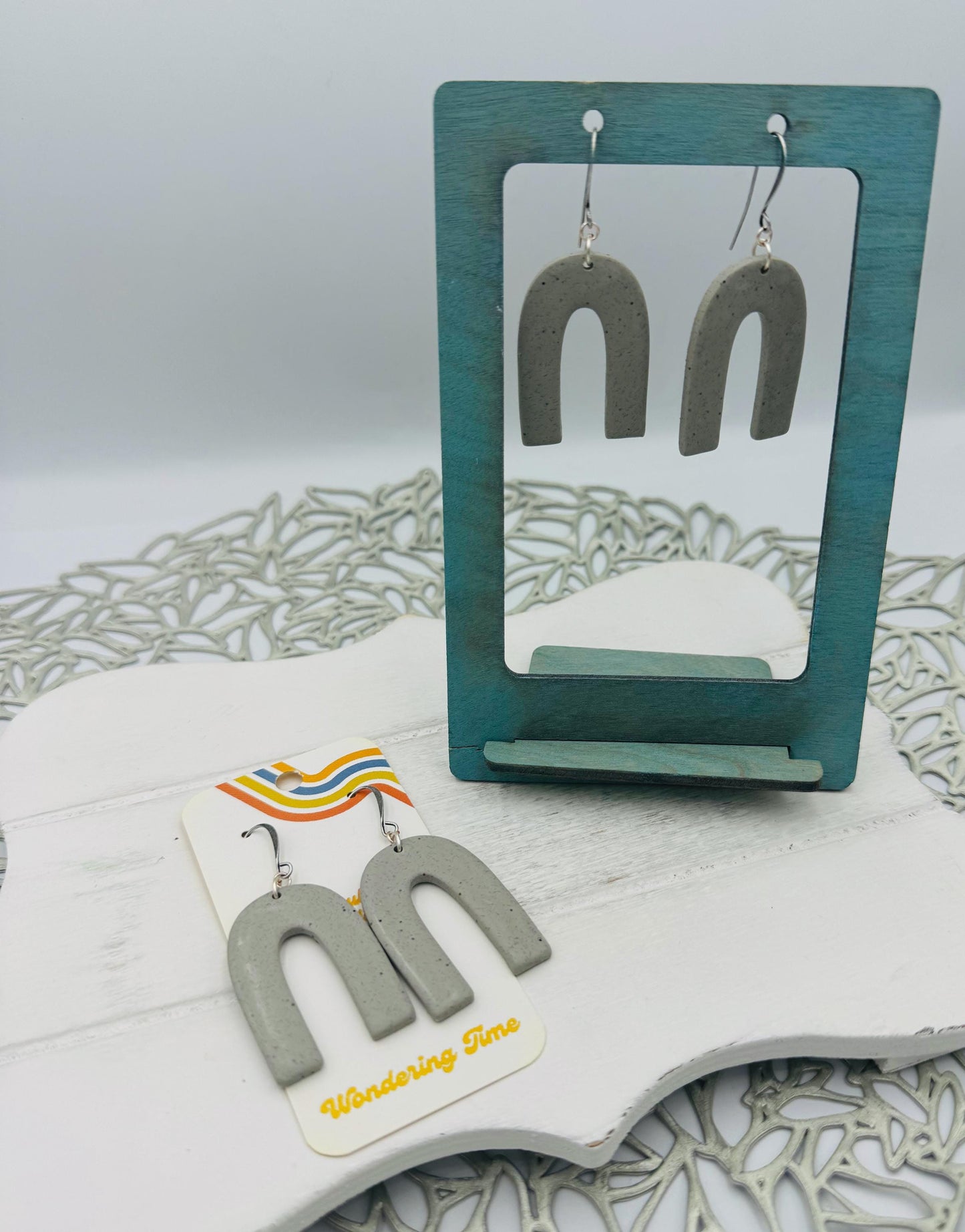 Modern Gray Arch Earrings: Lightweight Polymer Clay Dangles