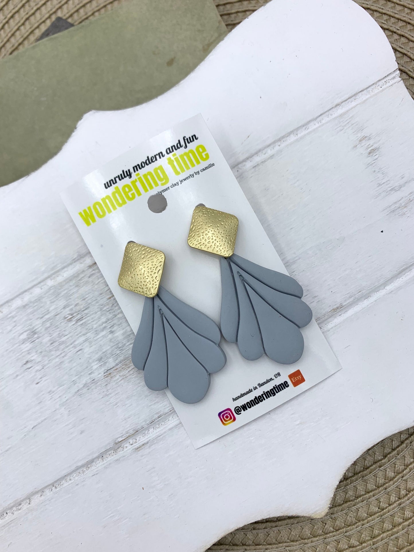 Gray Scalloped Dangle Earrings: Lightweight Modern Polymer Clay