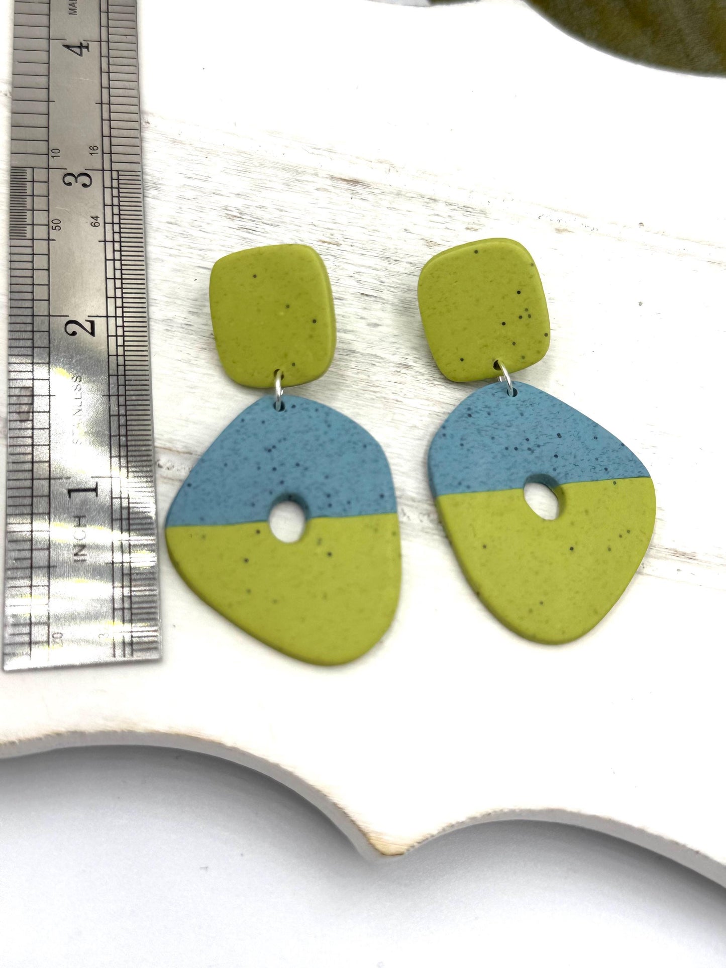 Handmade Geometric Polymer Clay Earrings – Blue & Green Color Block Jewelry