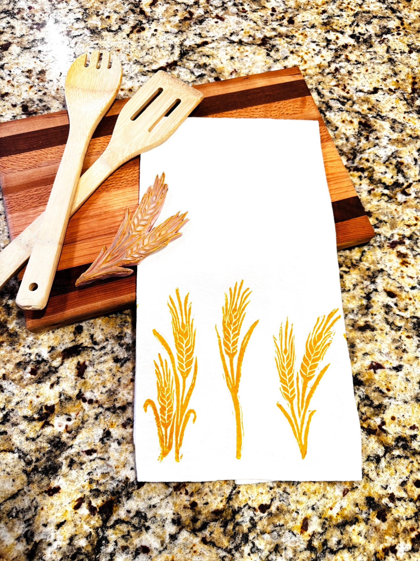 Handmade Wheat Stalk Print Tea Towel: Block Printed Cotton Flour Sack