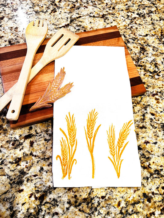 Handmade Wheat Stalk Print Tea Towel: Block Printed Cotton Flour Sack