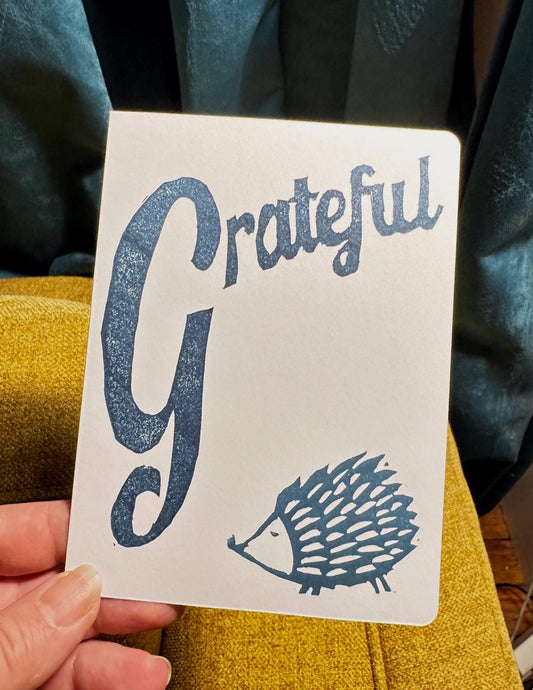 Handmade “Grateful” Hedgehog Note Card – Cute Woodland Thank You – Hand Stamped Gratitude Card – Autumn Stationery Gift