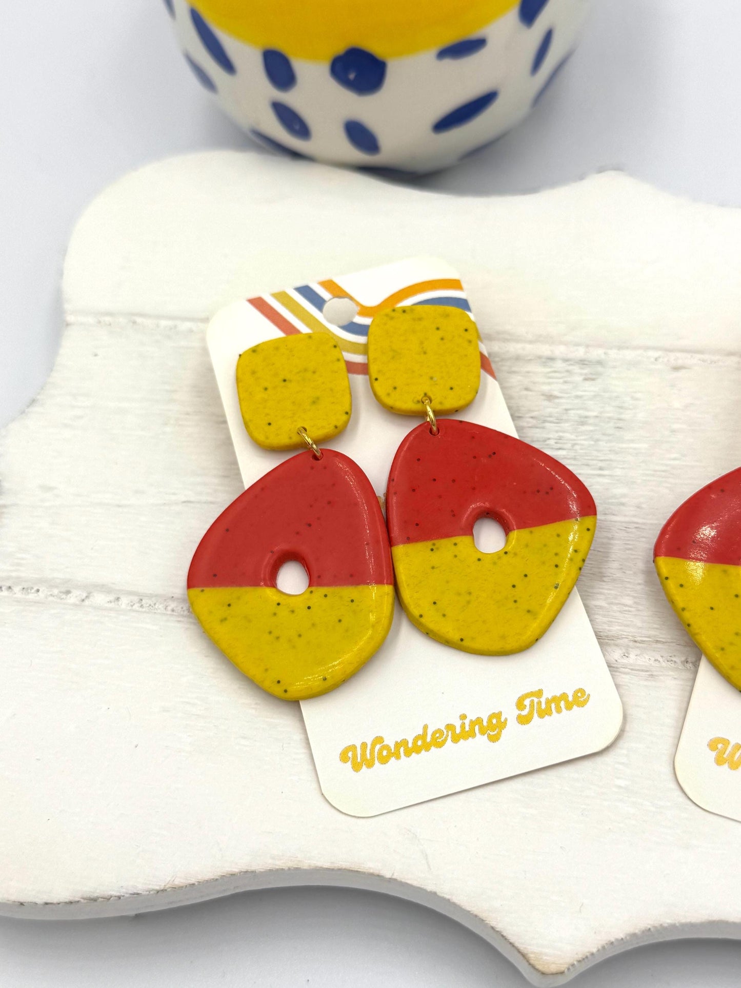 Geometric Polymer Clay Earrings: Red & Yellow Color Block, Handmade