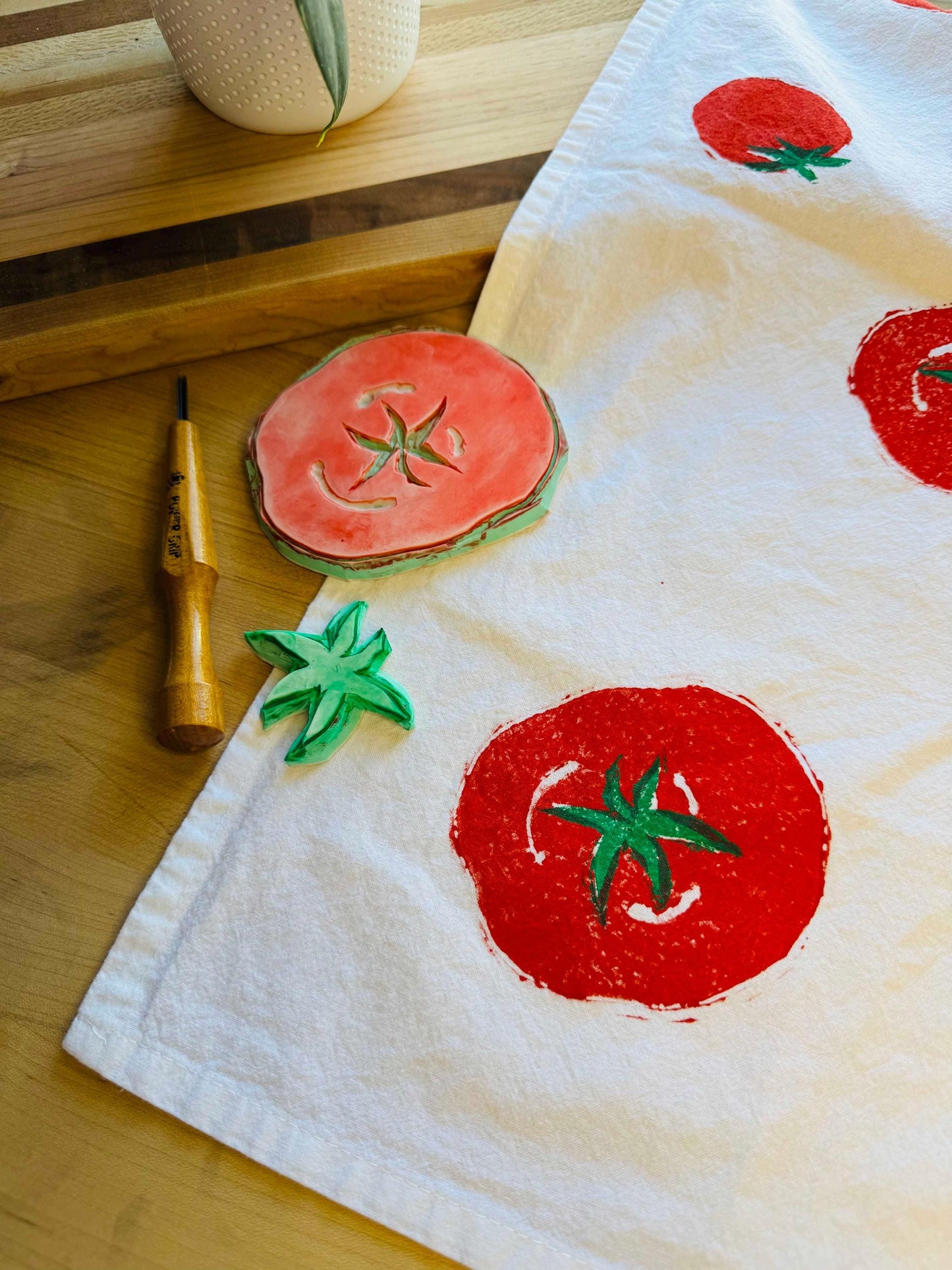 Handmade Tomato Print Tea Towel: Block Printed Cotton Flour Sack
