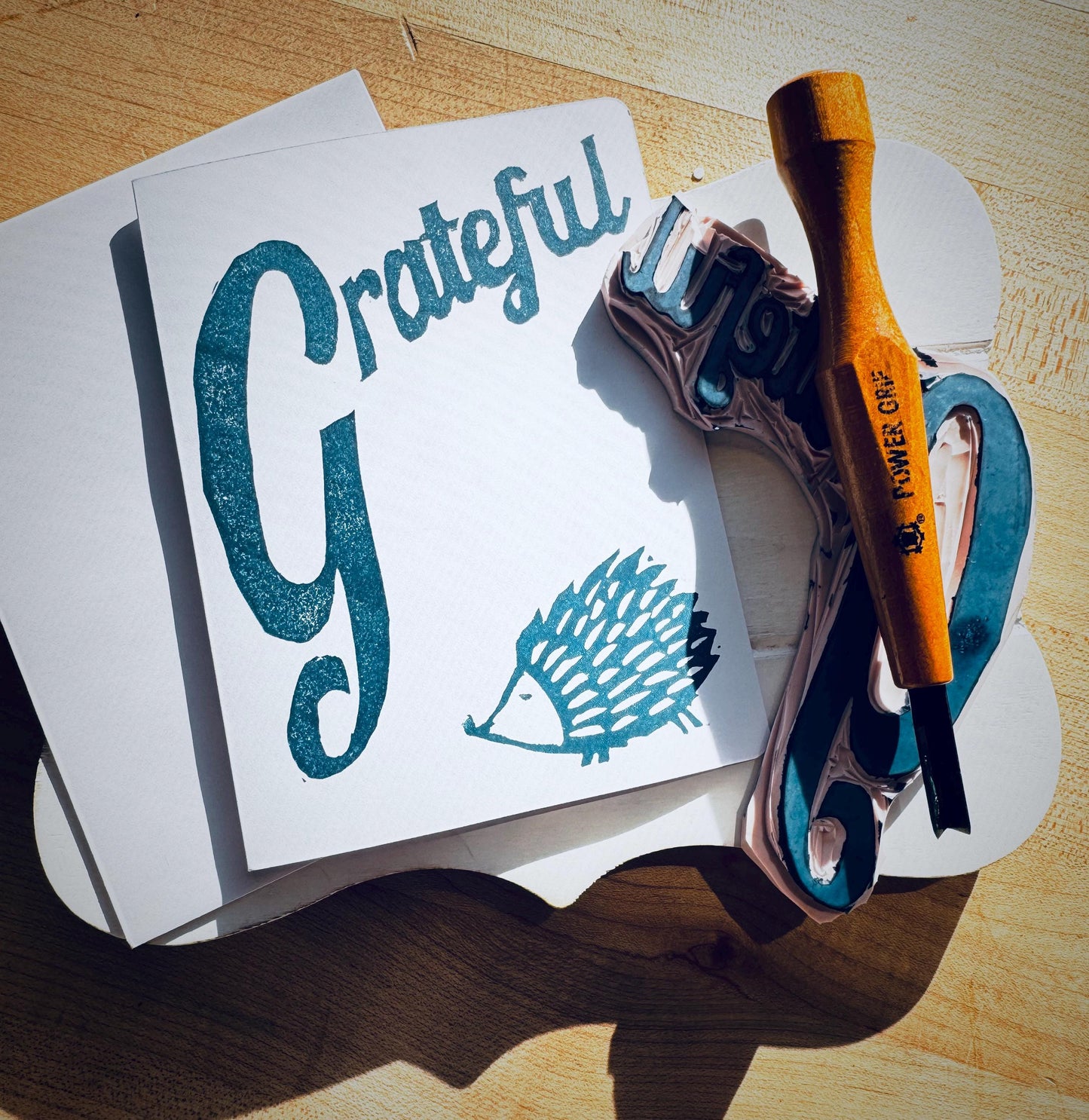 Hand Stamped “Grateful” Card with Hedgehog – Block-printed Thank You Card – Fall Gratitude – Woodland Animal Stationery