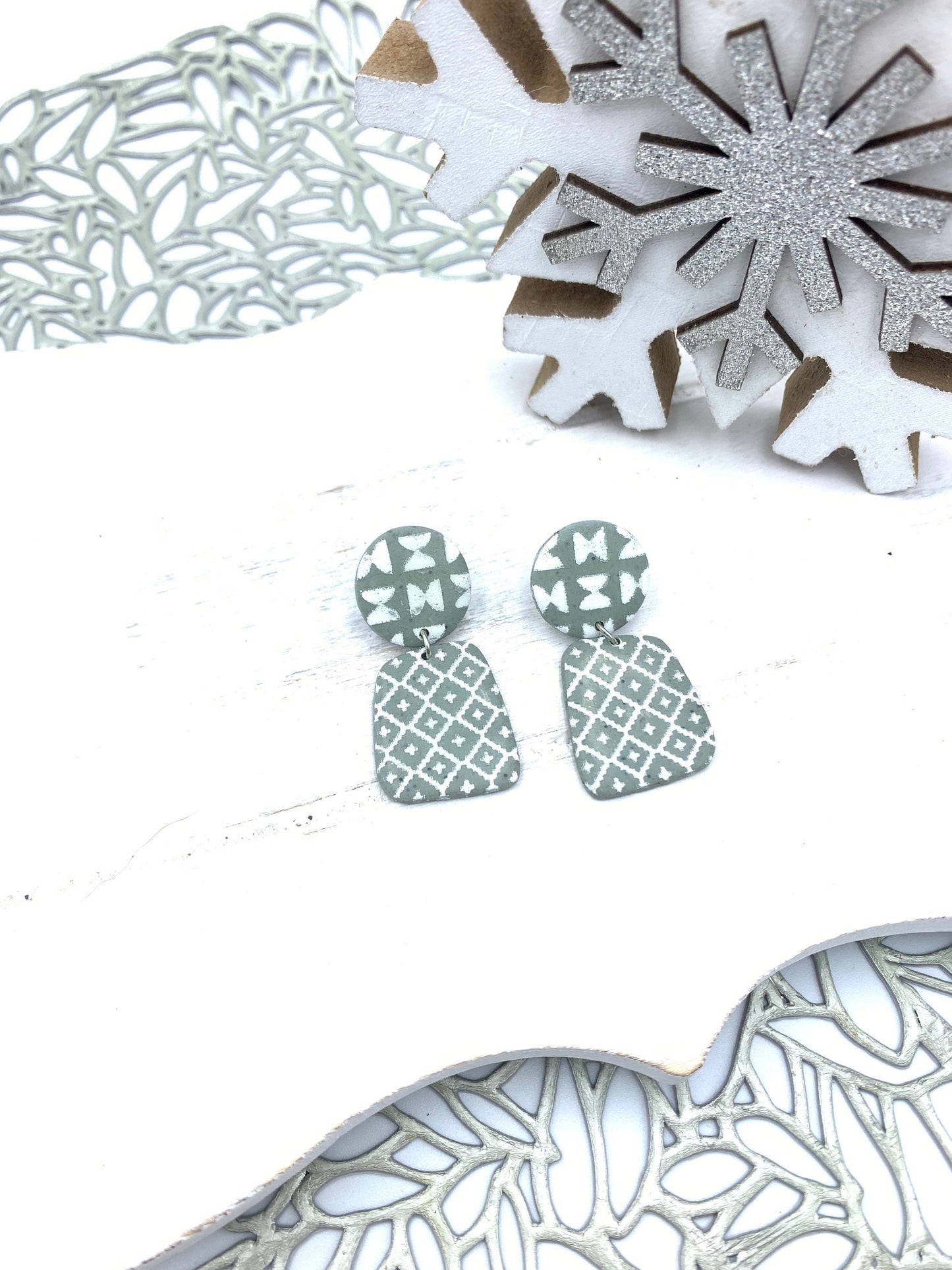 Handmade Grey Clay Dangle Earrings: Geometric Design