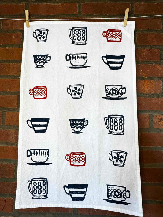 Hand Printed Tea Cup Towel – Red Accent Retro Design