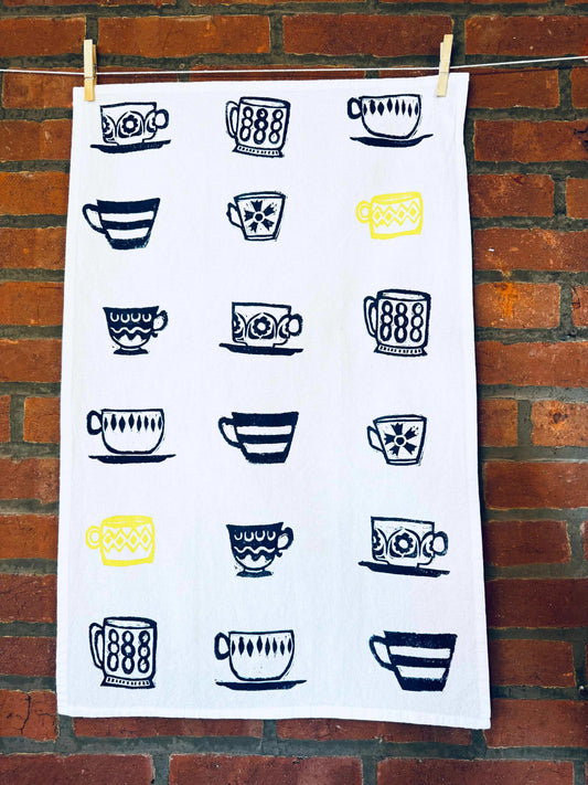 Hand Printed Tea Cup Tea Towel – Mid-Century Modern Kitchen Decor