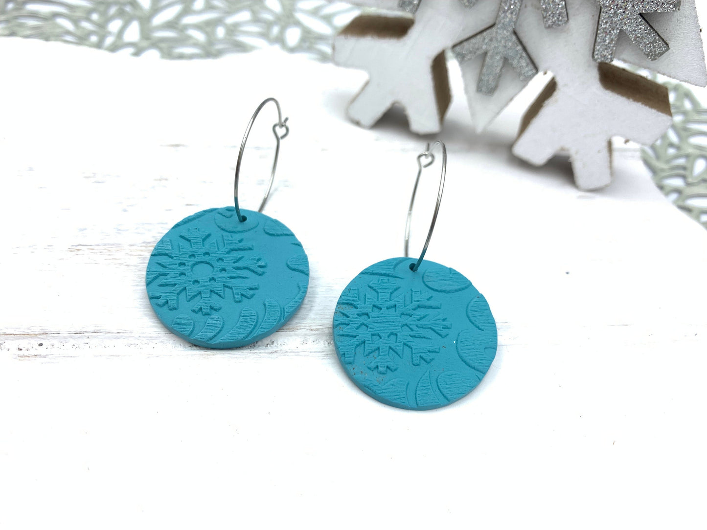 Turquoise Snowflake Earrings: Embossed Polymer Clay Winter Dangles