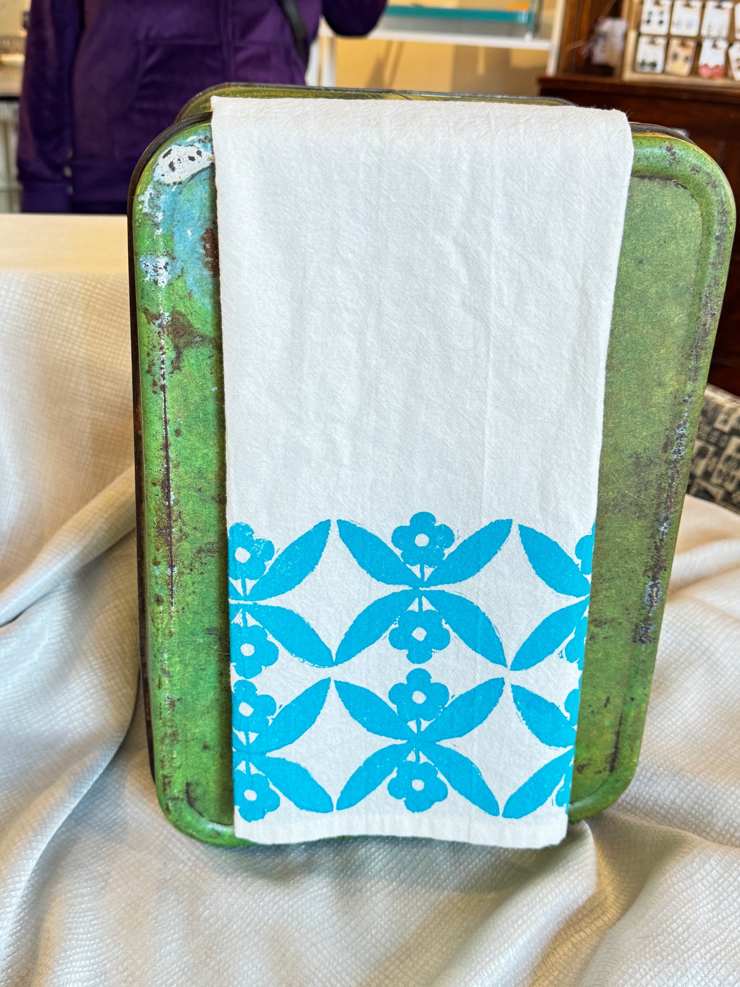 Turquoise Floral Border Tea Towel – Hand Stamped Cotton Kitchen Towel