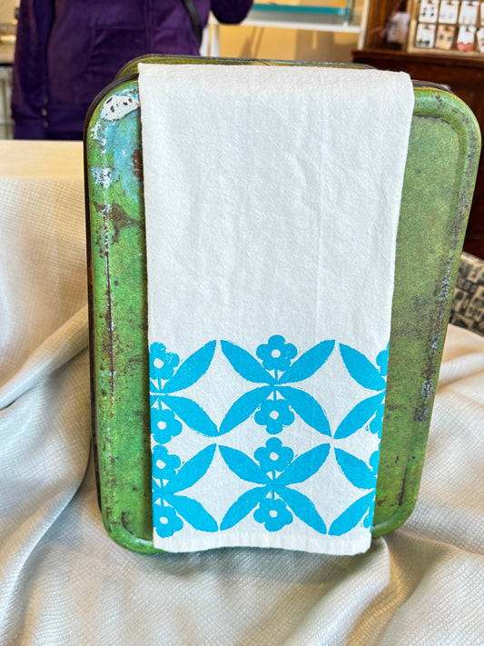 Turquoise Floral Border Tea Towel – Hand Stamped Cotton Kitchen Towel