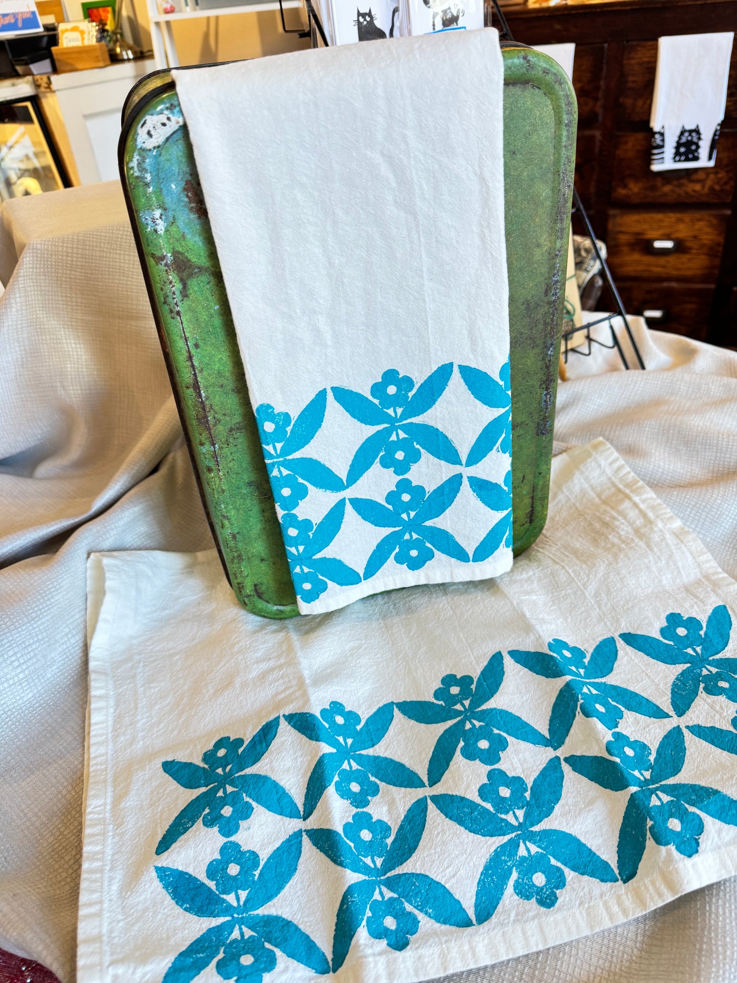 Turquoise Floral Border Tea Towel – Hand Stamped Cotton Kitchen Towel