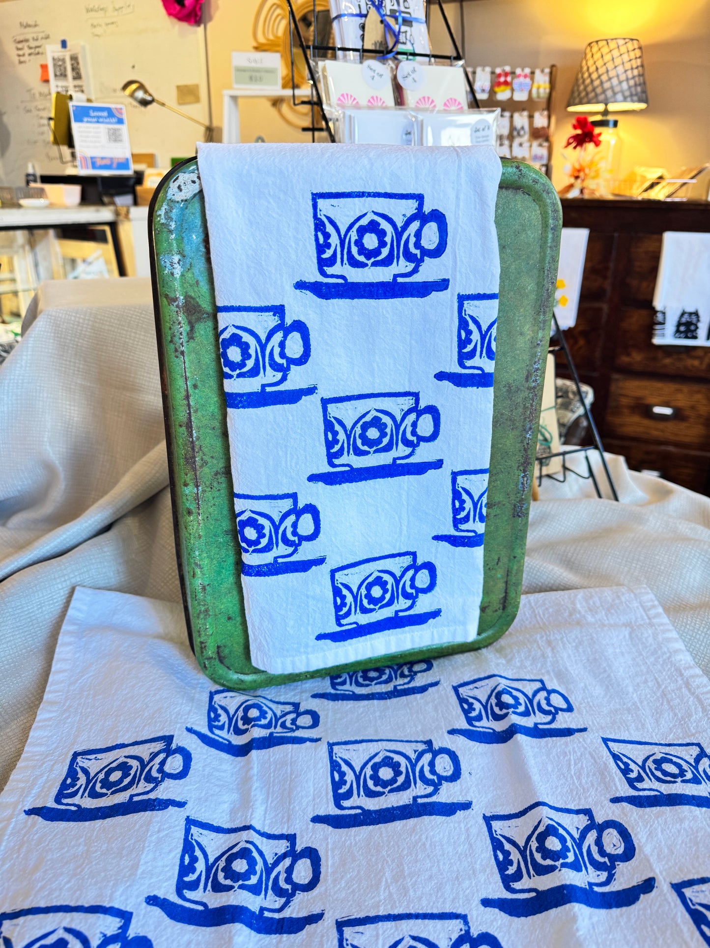 Vintage Style Blue Teacup Tea Towel