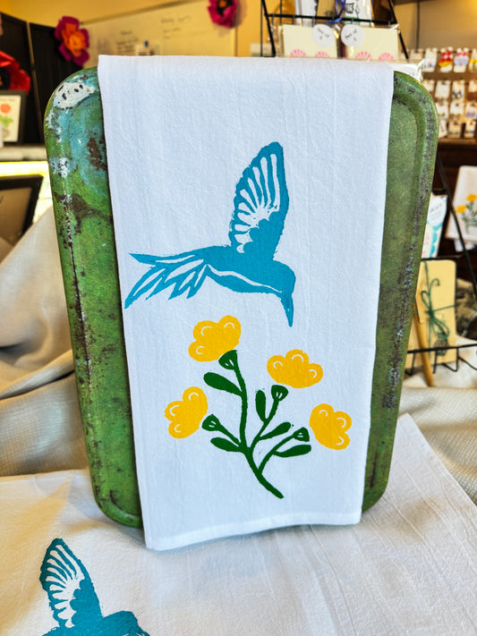 Hand Stamped Hummingbird Floral Tea Towel