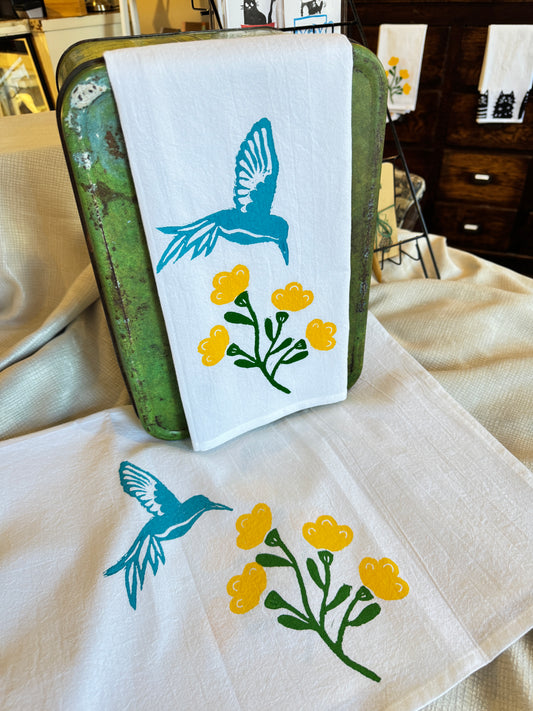 Hand Stamped Hummingbird Floral Tea Towel