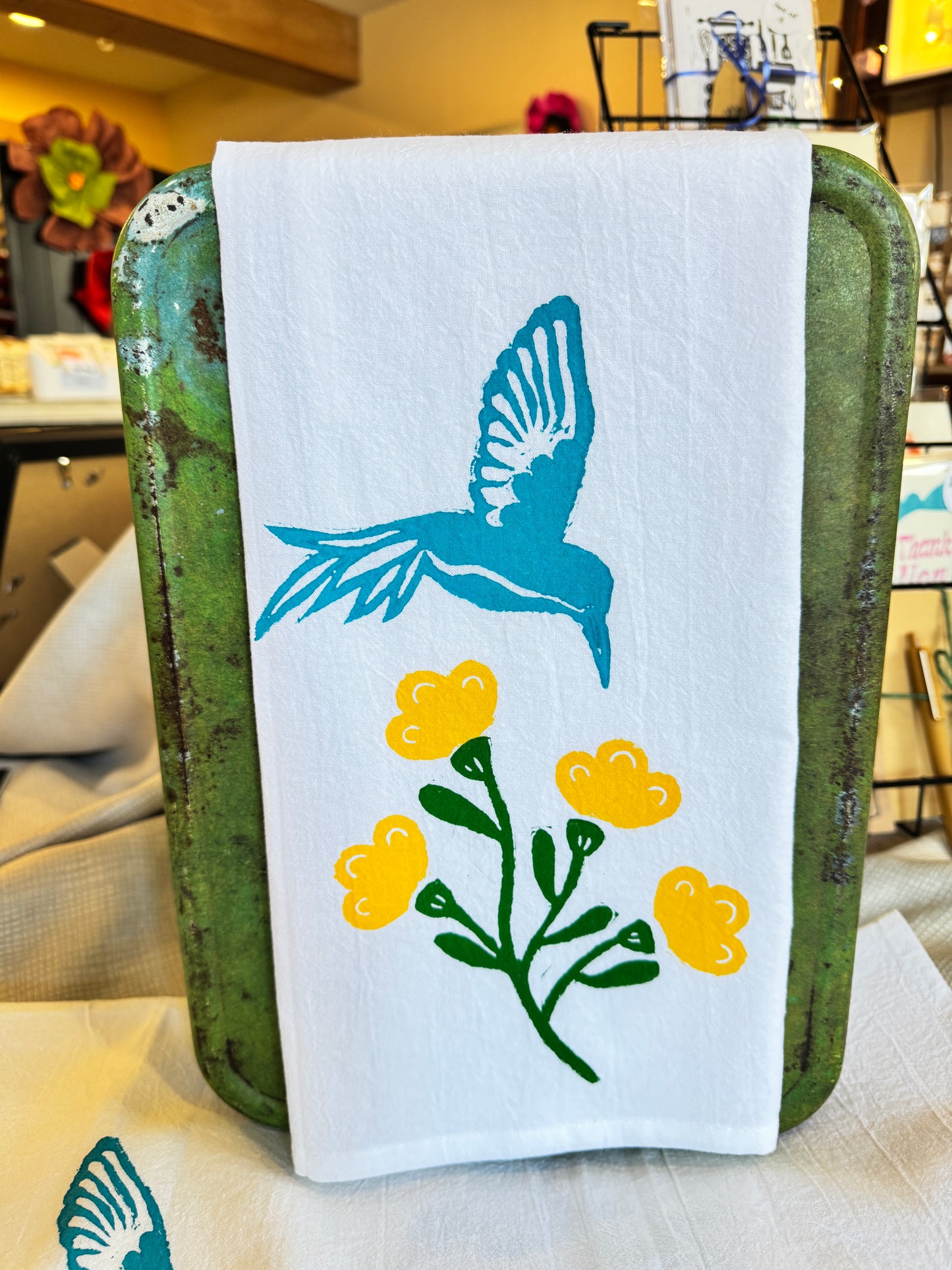 Hand Stamped Hummingbird Floral Tea Towel
