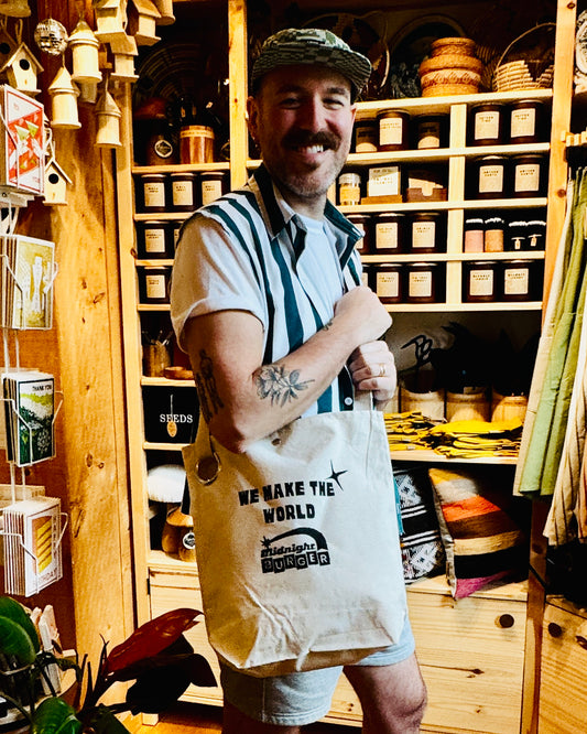 "We Make the World" Midnight Burger Tote Bag