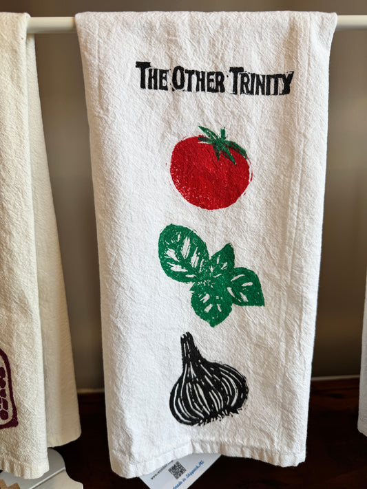 Hand Stamped Italian Tea Towel: Tomato, Basil & Garlic - The Other Trinity