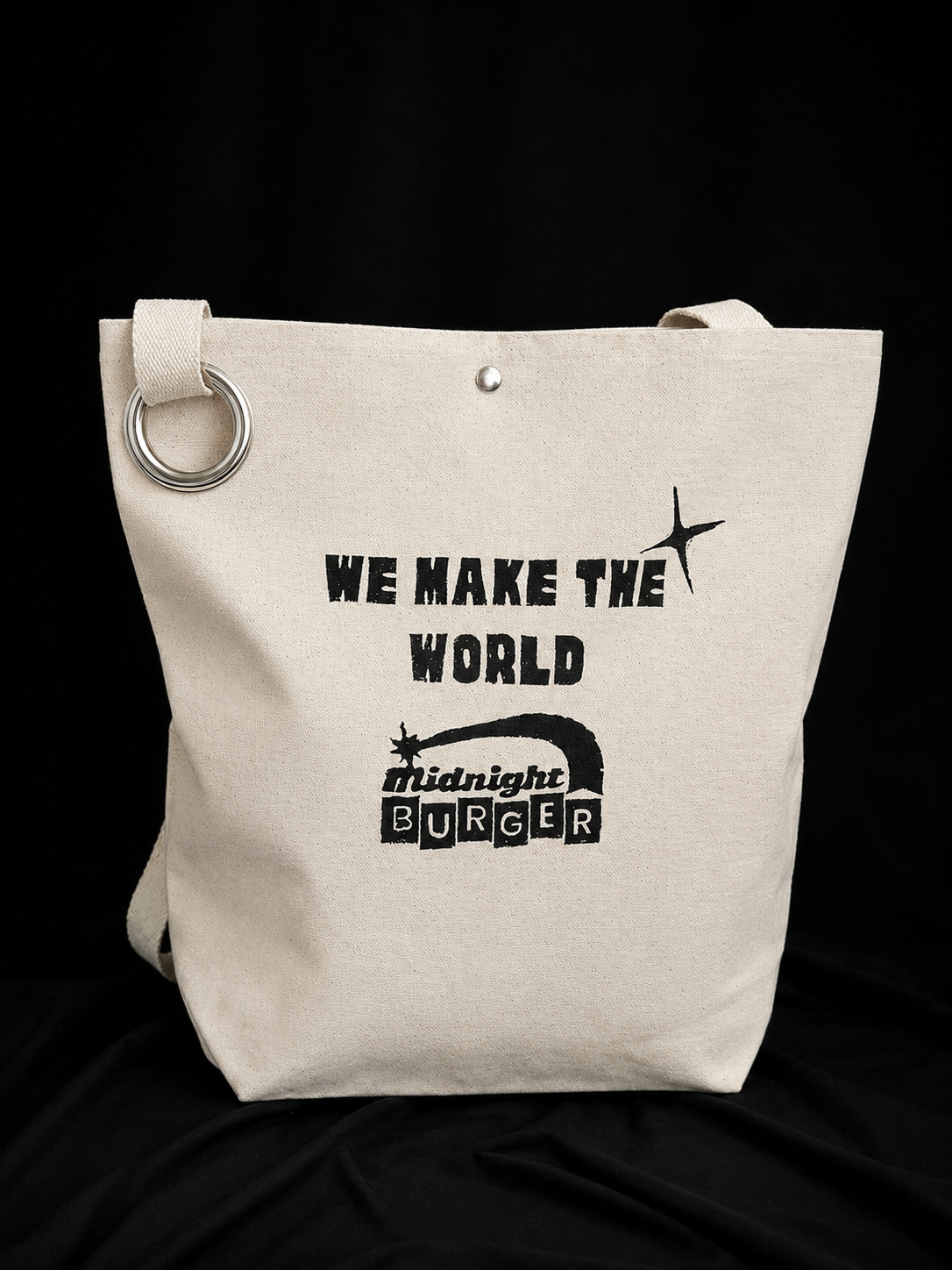 "We Make the World" Midnight Burger Tote Bag