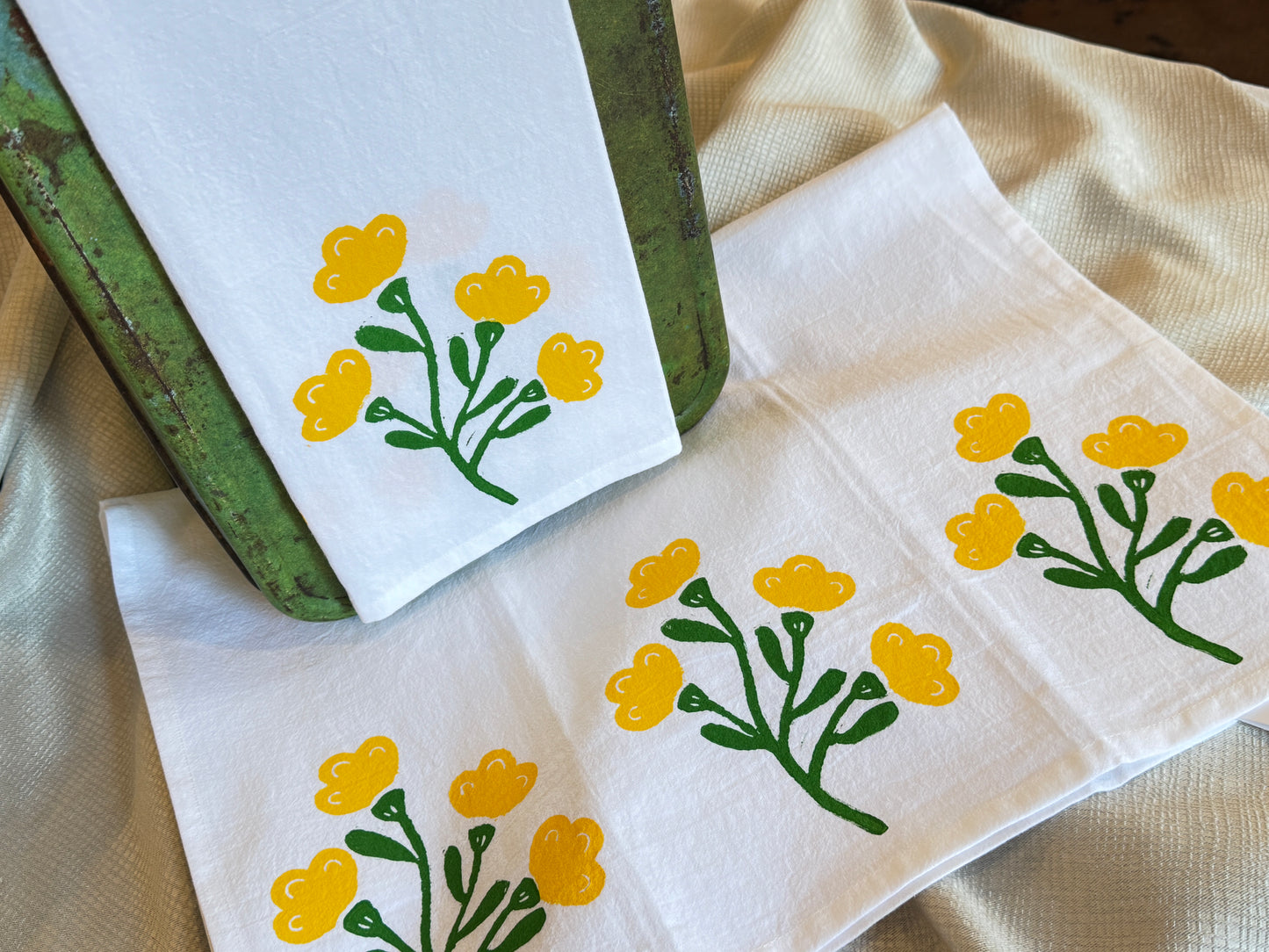 Hand Stamped Floral Tea Towel – Yellow Spring Flower