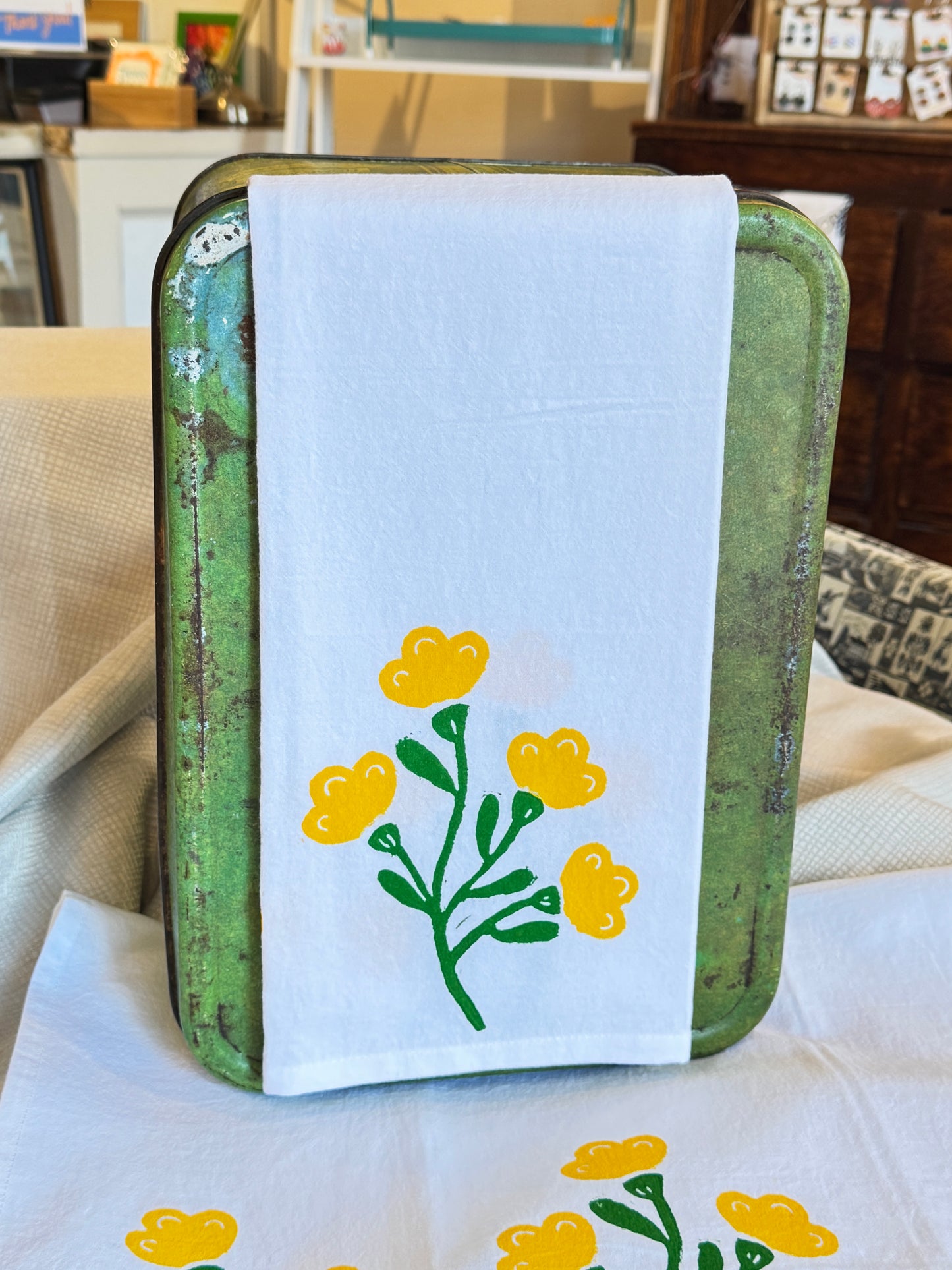 Hand Stamped Floral Tea Towel – Yellow Spring Flower