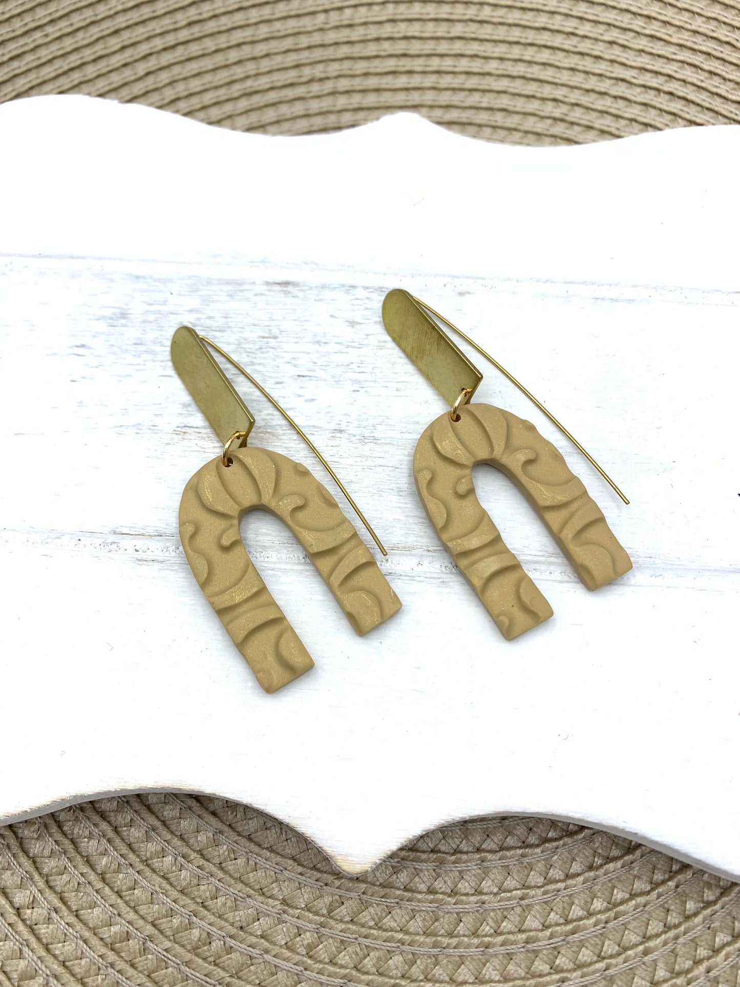 Embossed Soft Gold Polymer Clay Dangle Earrings: Nickel-Free Statement Jewelry