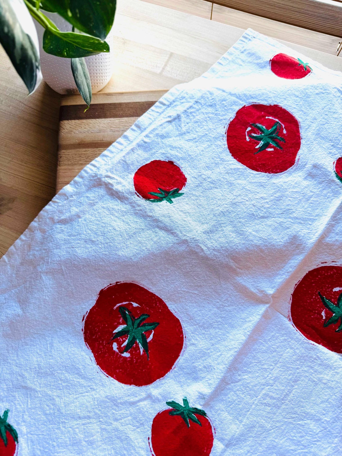 Handmade Tomato Print Tea Towel: Block Printed Cotton Flour Sack