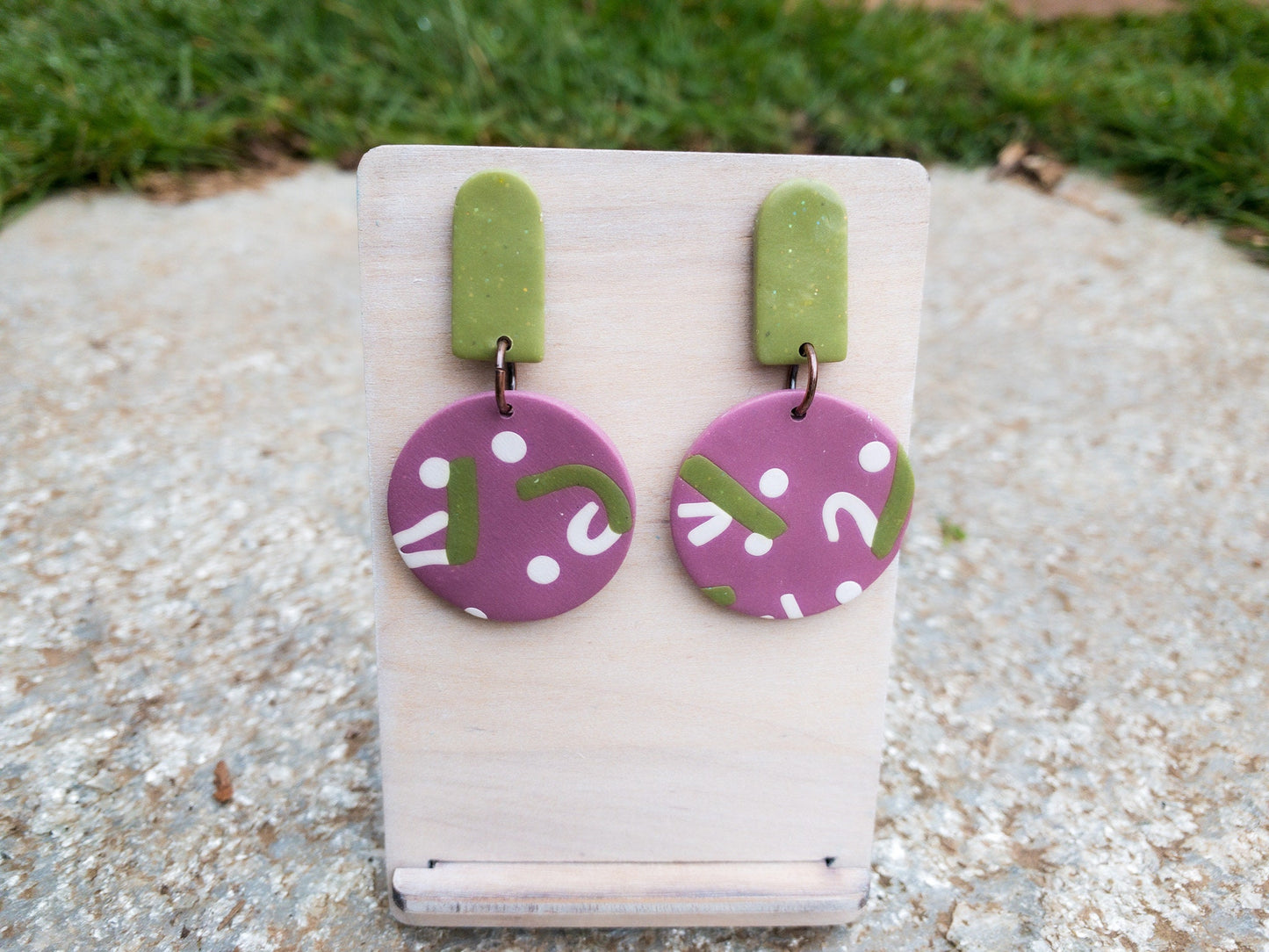 Handmade Polymer Clay Dangle Earrings: Funky Green & Purple