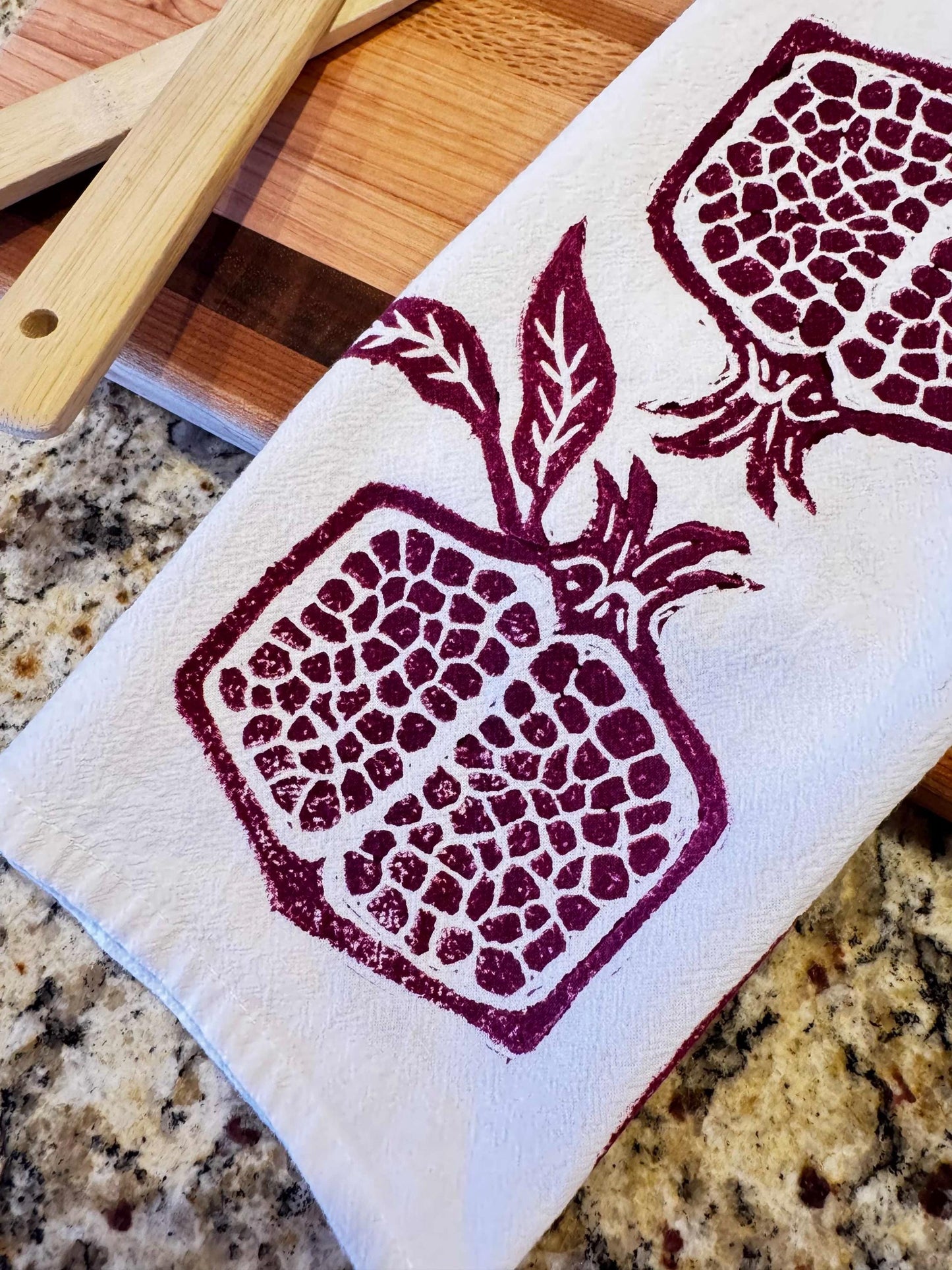 Hand Printed Pomegranate Tea Towel – Burgundy Holiday Kitchen Decor