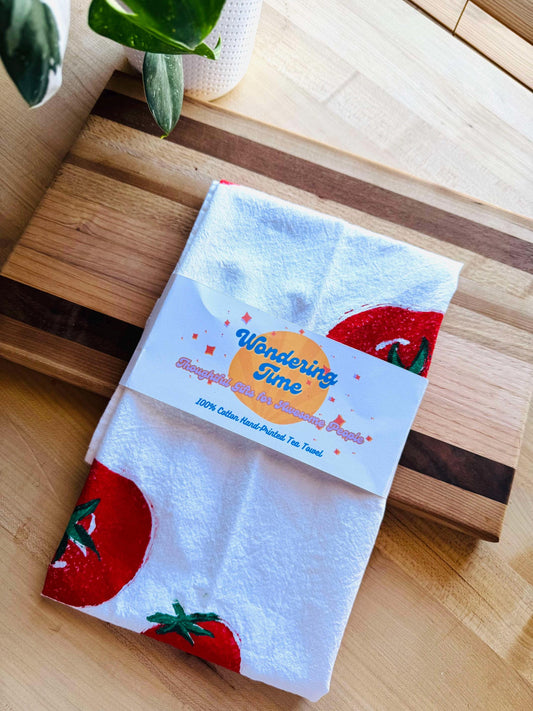 Handmade Tomato Print Tea Towel: Block Printed Cotton Flour Sack