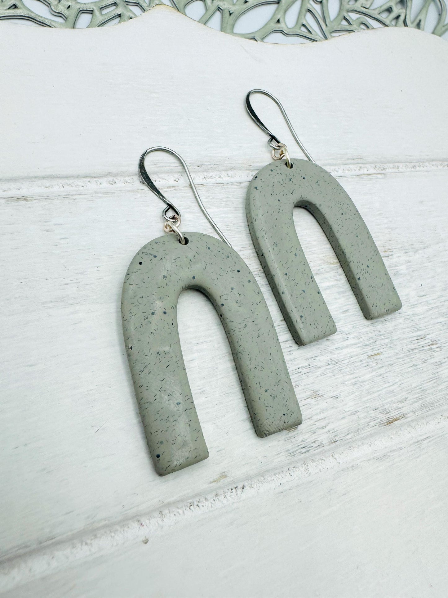 Modern Gray Arch Earrings: Lightweight Polymer Clay Dangles