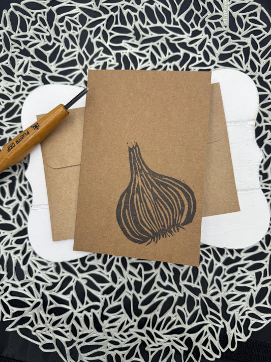 Handprinted Garlic Notecard: Foodie Gift, Blank Kraft Card