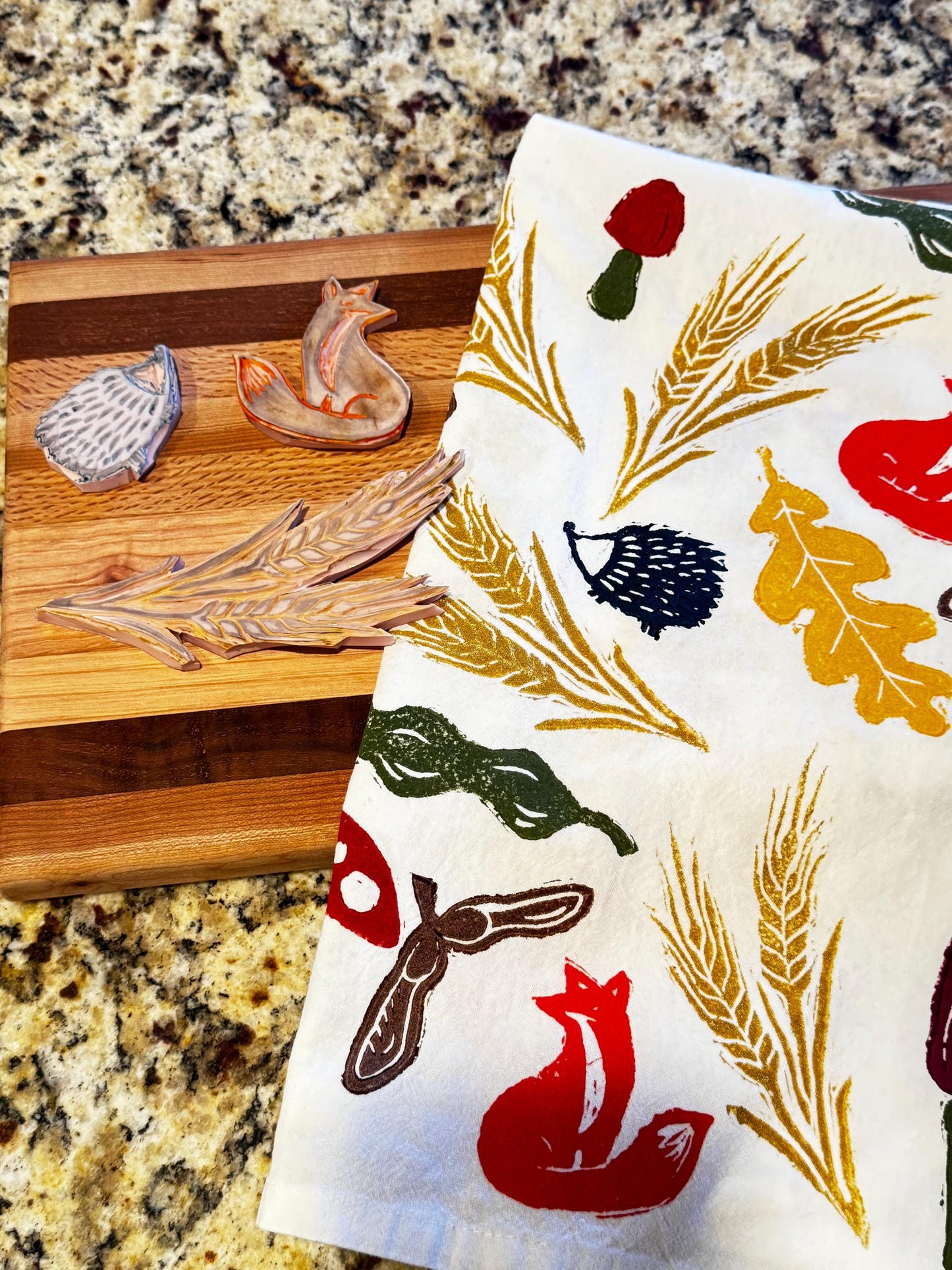 Hand Stamped Autumn Tea Towel: Cotton Mushrooms, Leaves, Acorns