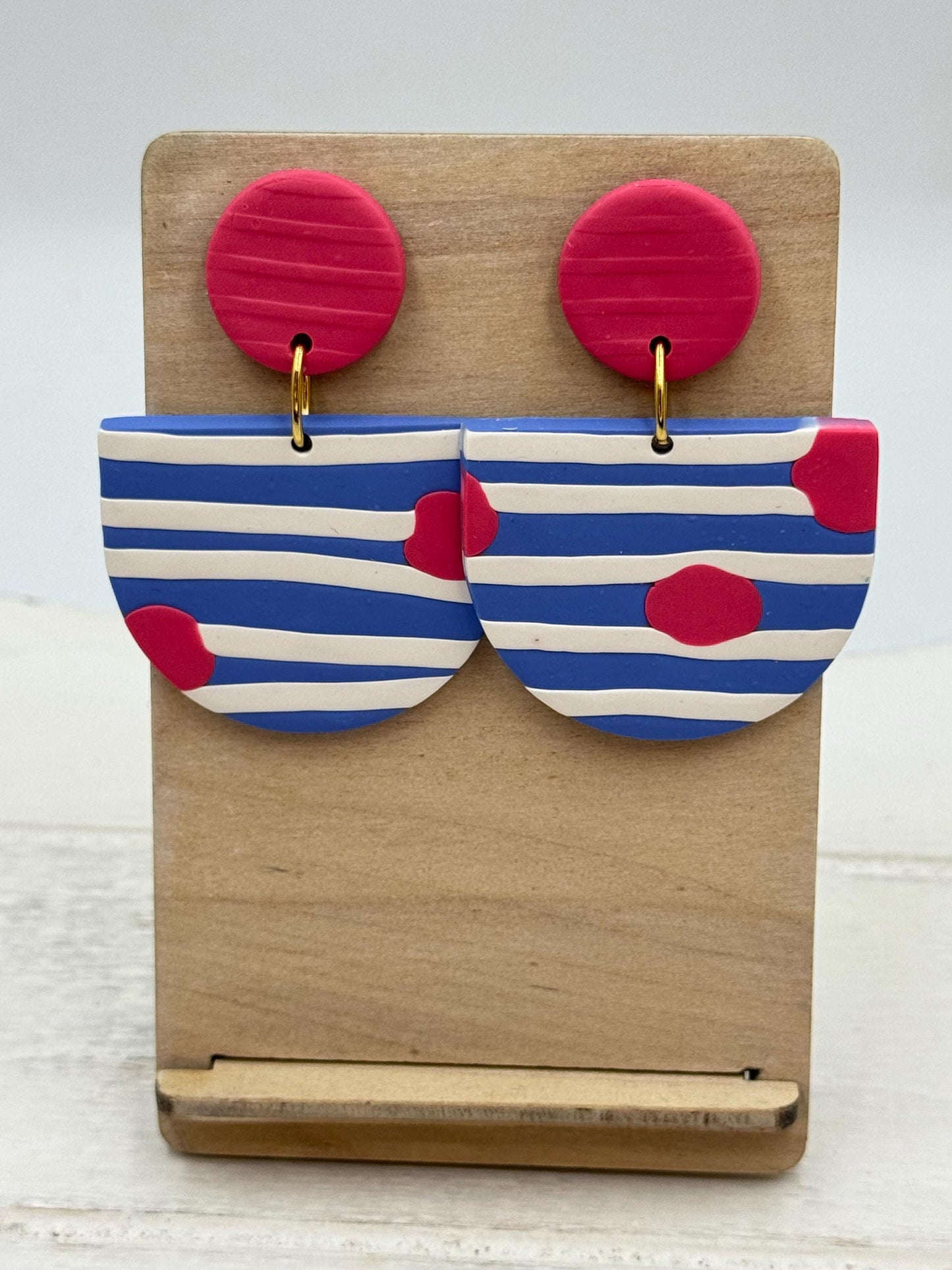 Striped Polymer Clay Statement Earrings: Nautical Geometric Dangles