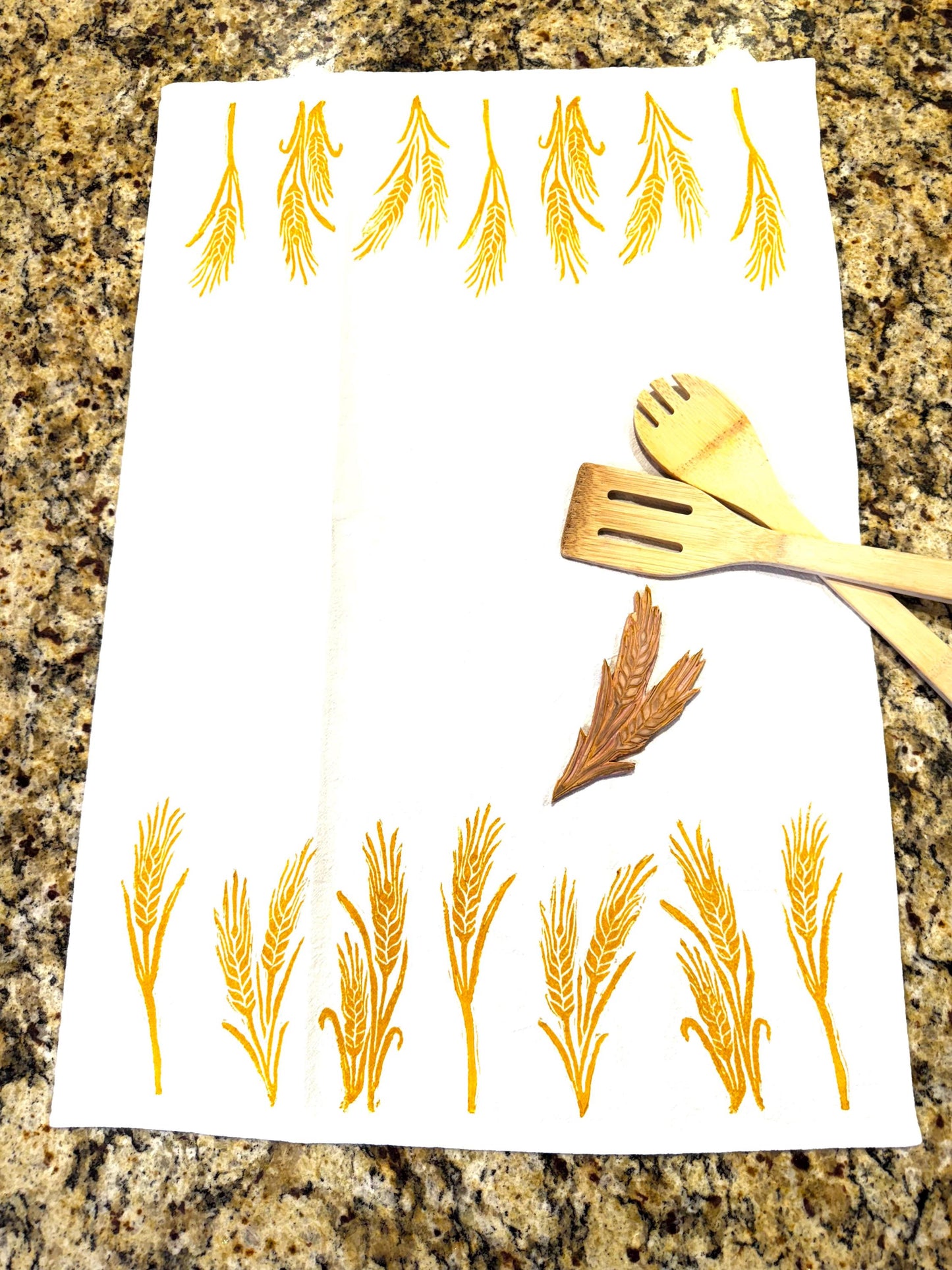 Handmade Wheat Stalk Print Tea Towel: Block Printed Cotton Flour Sack