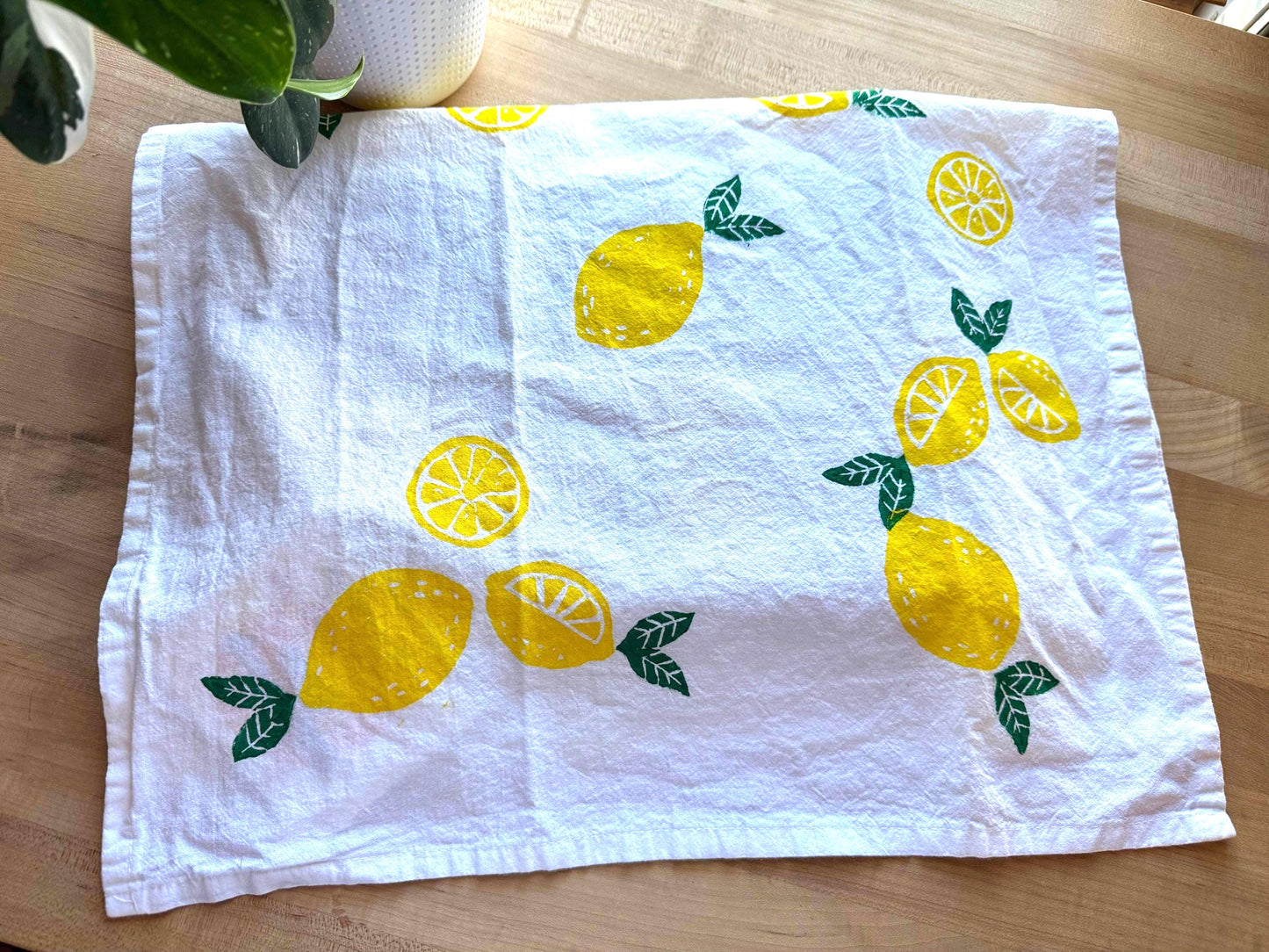 Handmade Lemon Print Tea Towel: Block Printed Kitchen Cotton Decor