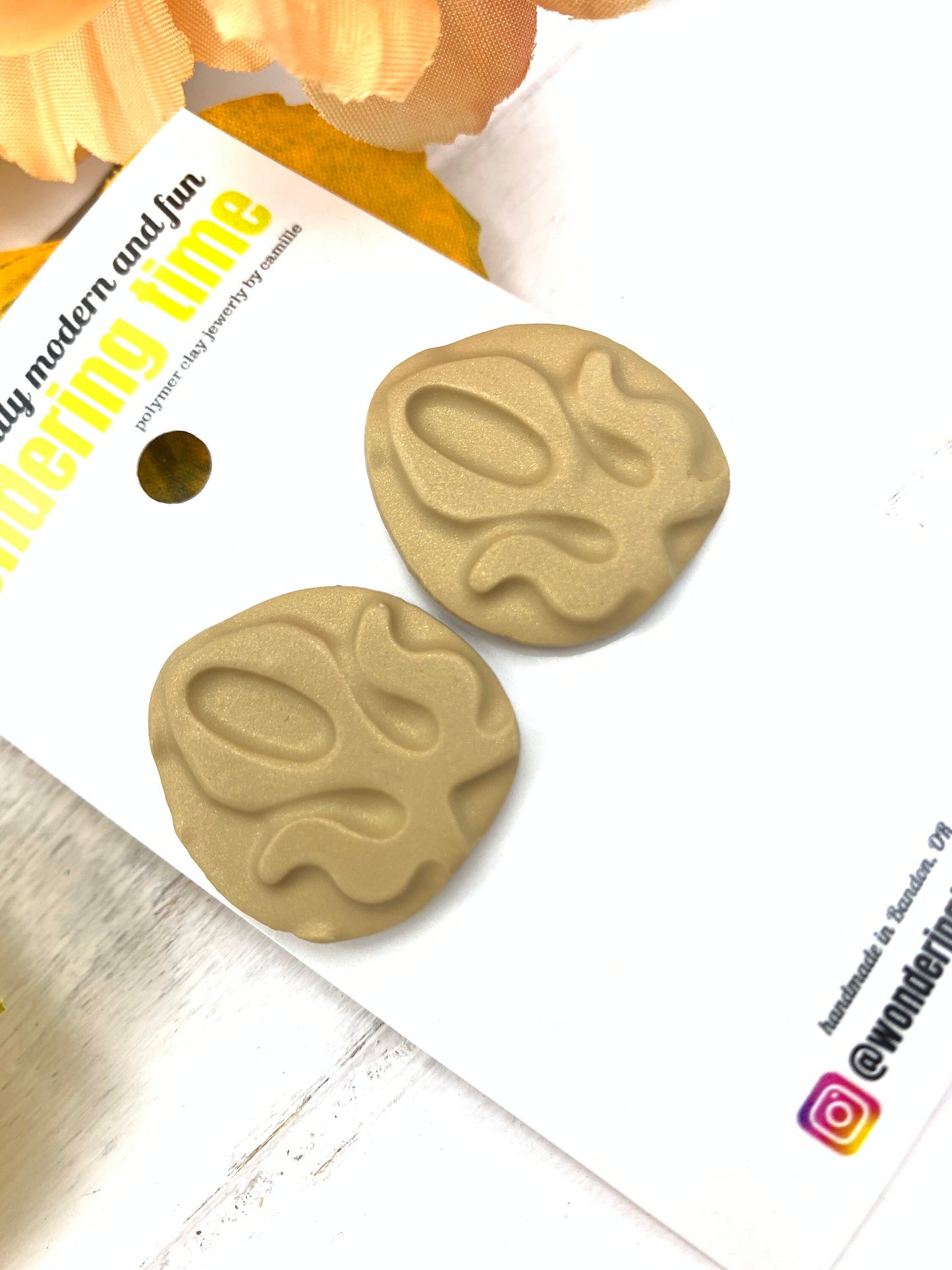 Embossed Gold Stud Earrings: Neutral Polymer Clay, Minimalist Jewelry