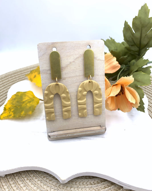 Embossed Soft Gold Polymer Clay Dangle Earrings: Nickel-Free Statement Jewelry