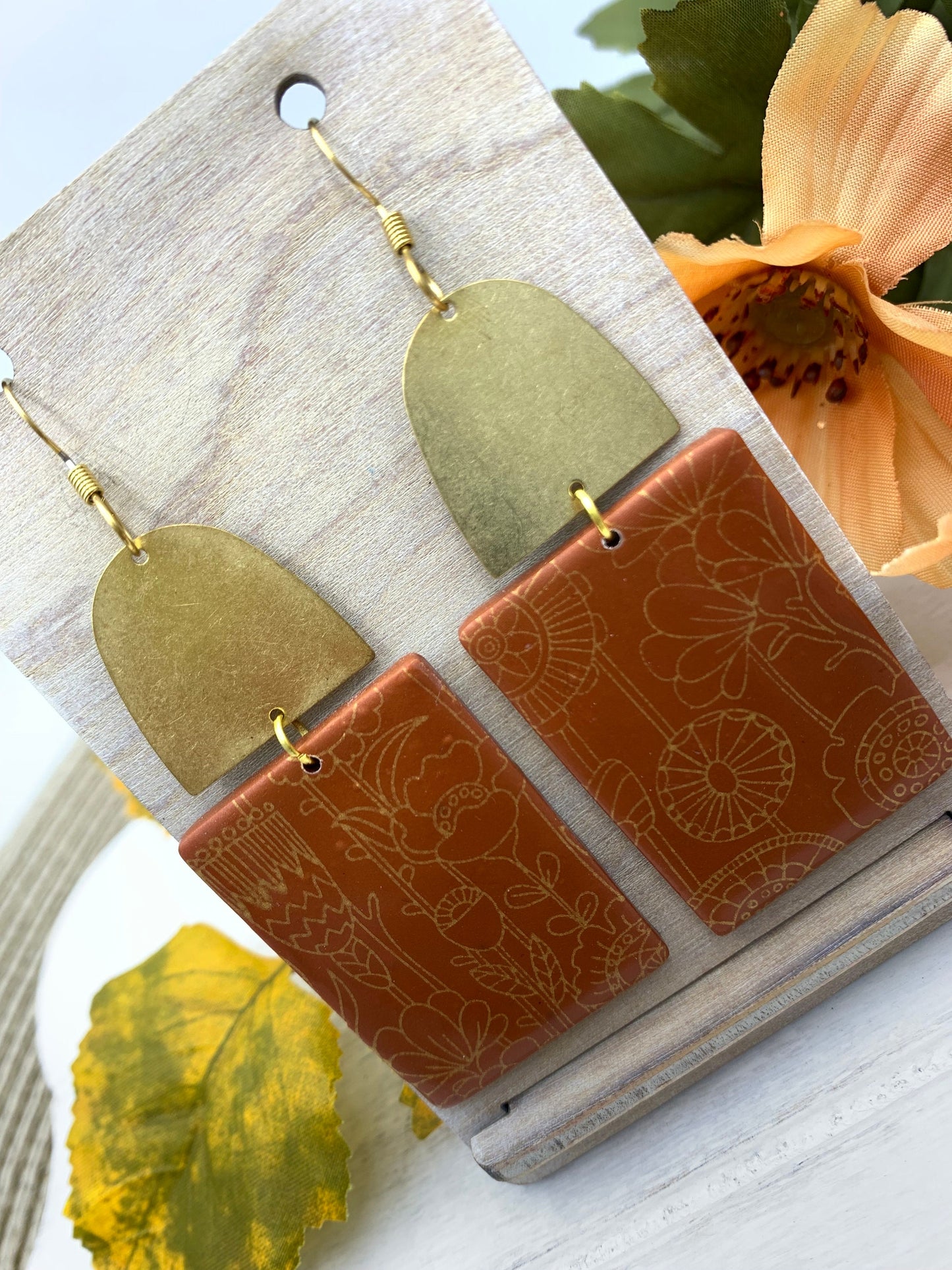 Bronze Screen Printed Dangle Earrings: Modern Floral Statement Jewelry