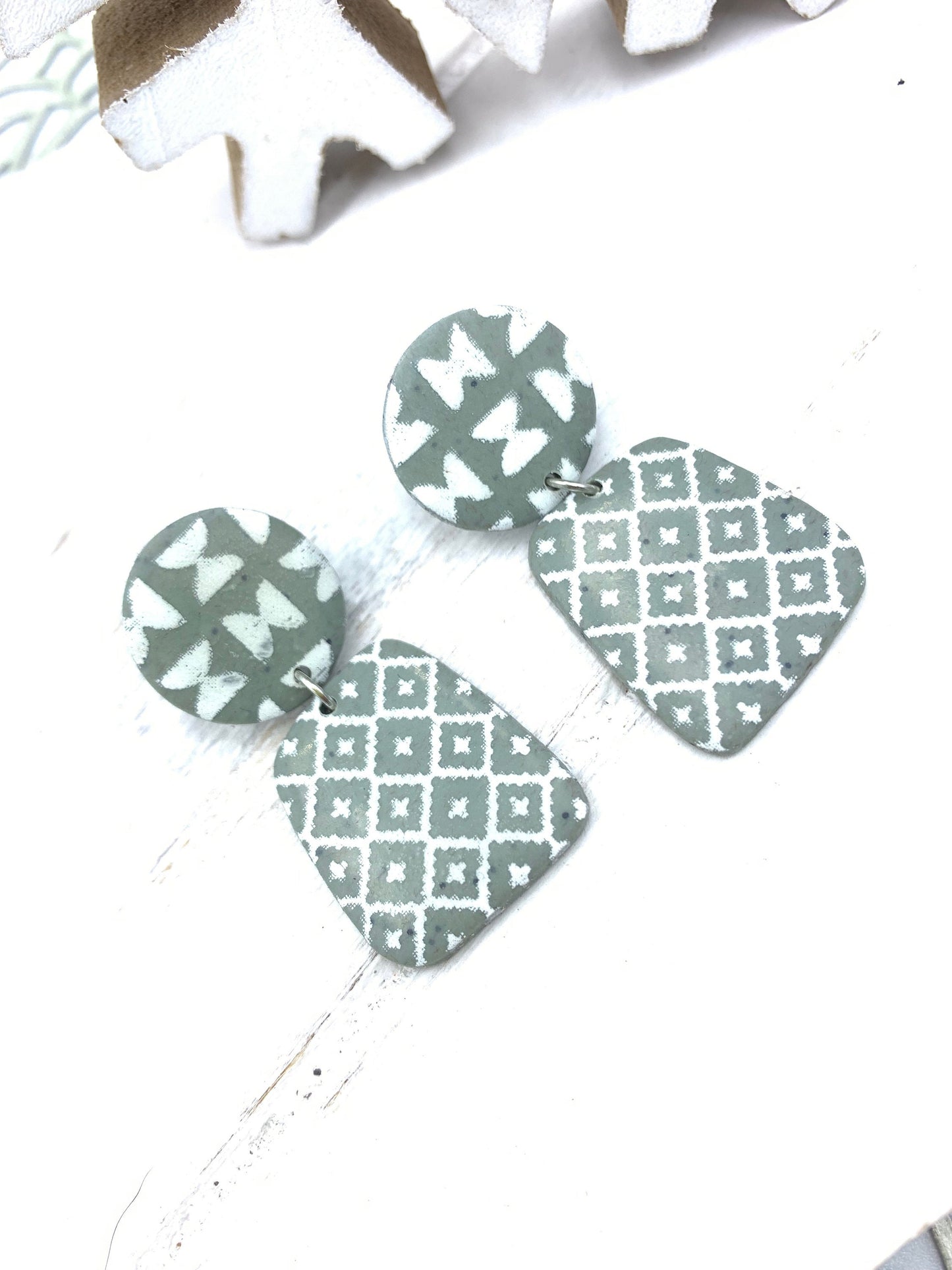Handmade Grey Clay Dangle Earrings: Geometric Design