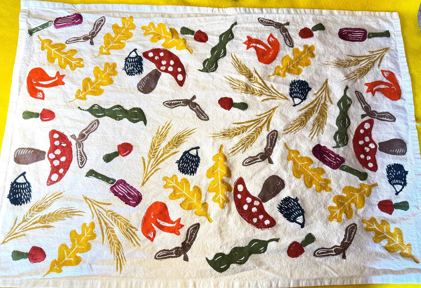 Hand Stamped Autumn Tea Towel: Cotton Mushrooms, Leaves, Acorns