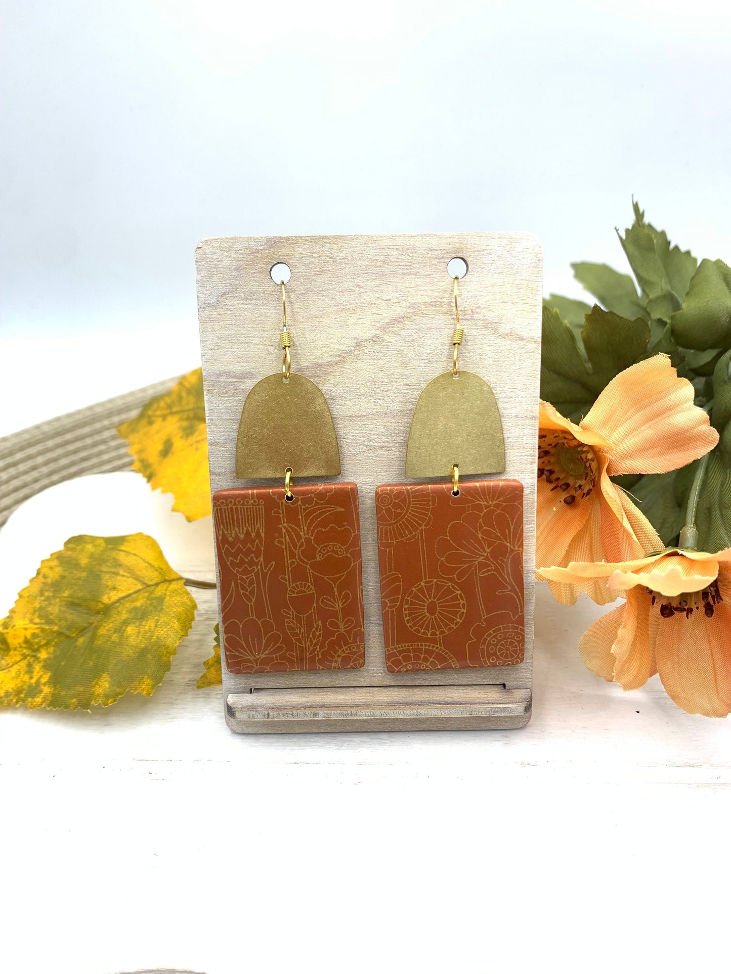 Bronze Screen Printed Dangle Earrings: Modern Floral Statement Jewelry