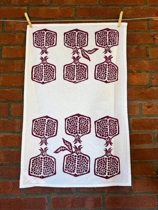 Hand Printed Pomegranate Tea Towel – Burgundy Block Print, Eco Kitchen Decor