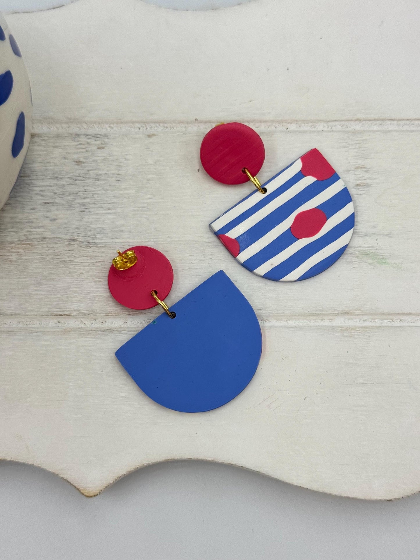 Striped Polymer Clay Statement Earrings: Nautical Geometric Dangles