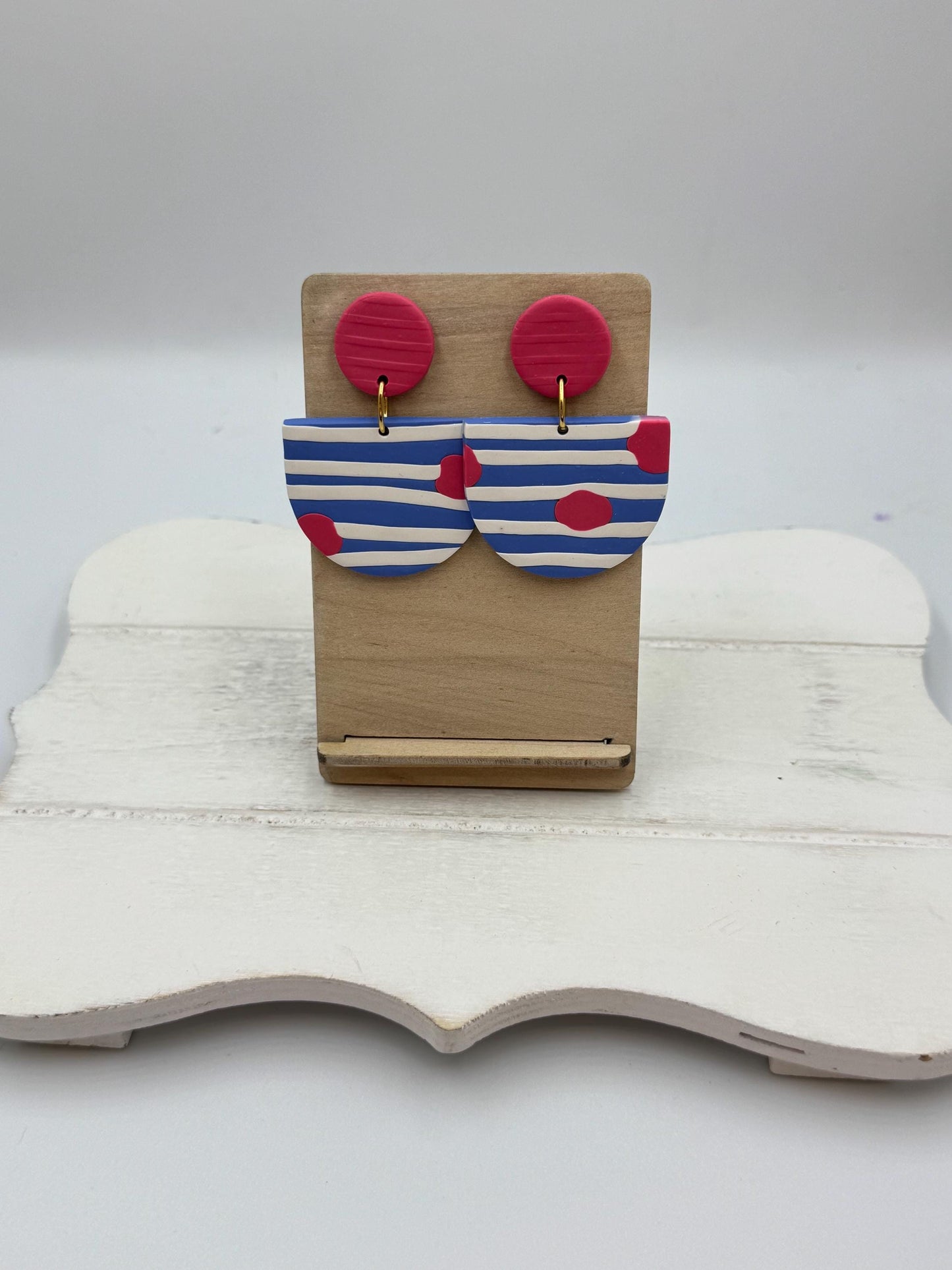 Striped Polymer Clay Statement Earrings: Nautical Geometric Dangles