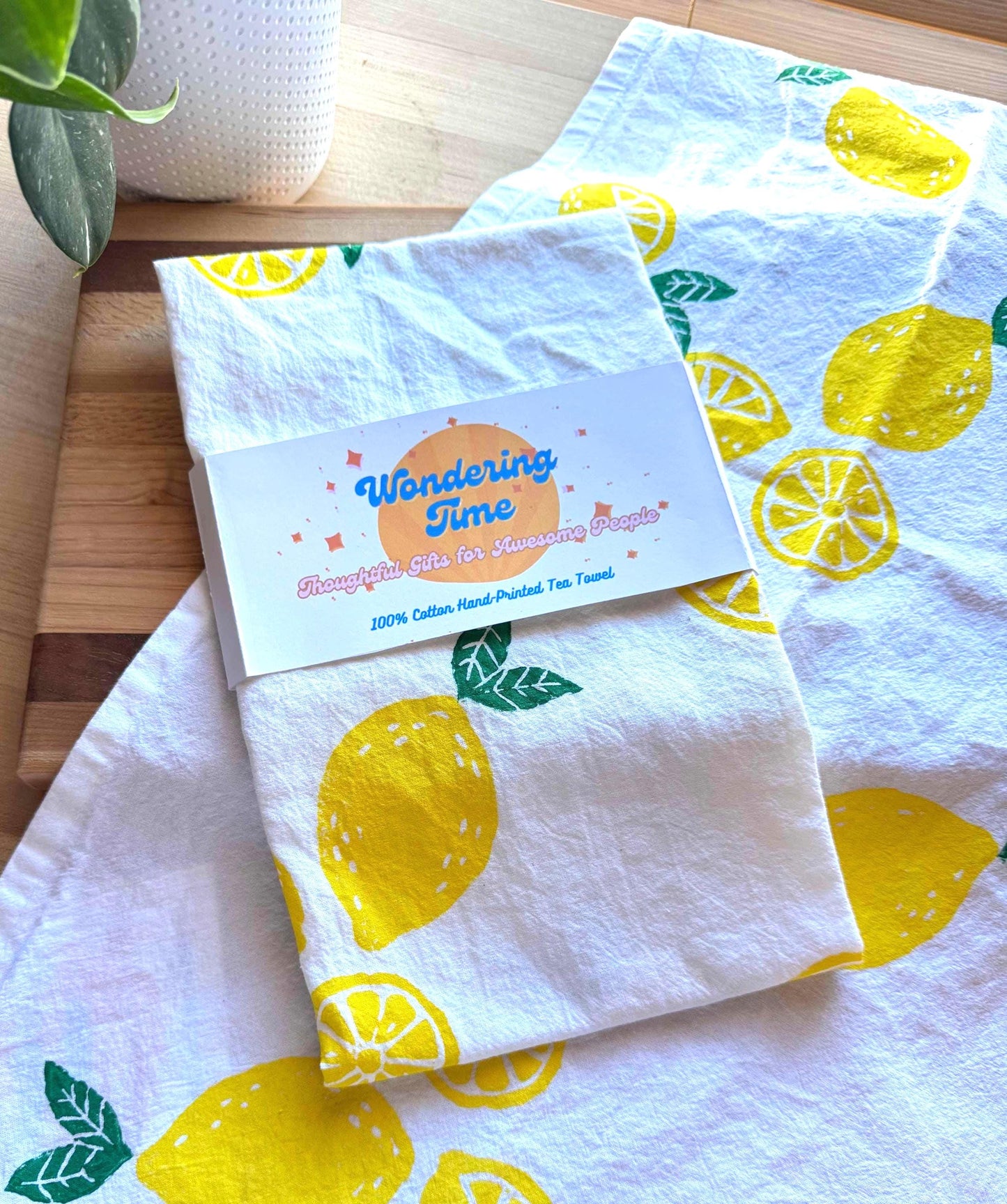 Handmade Lemon Print Tea Towel: Block Printed Kitchen Cotton Decor