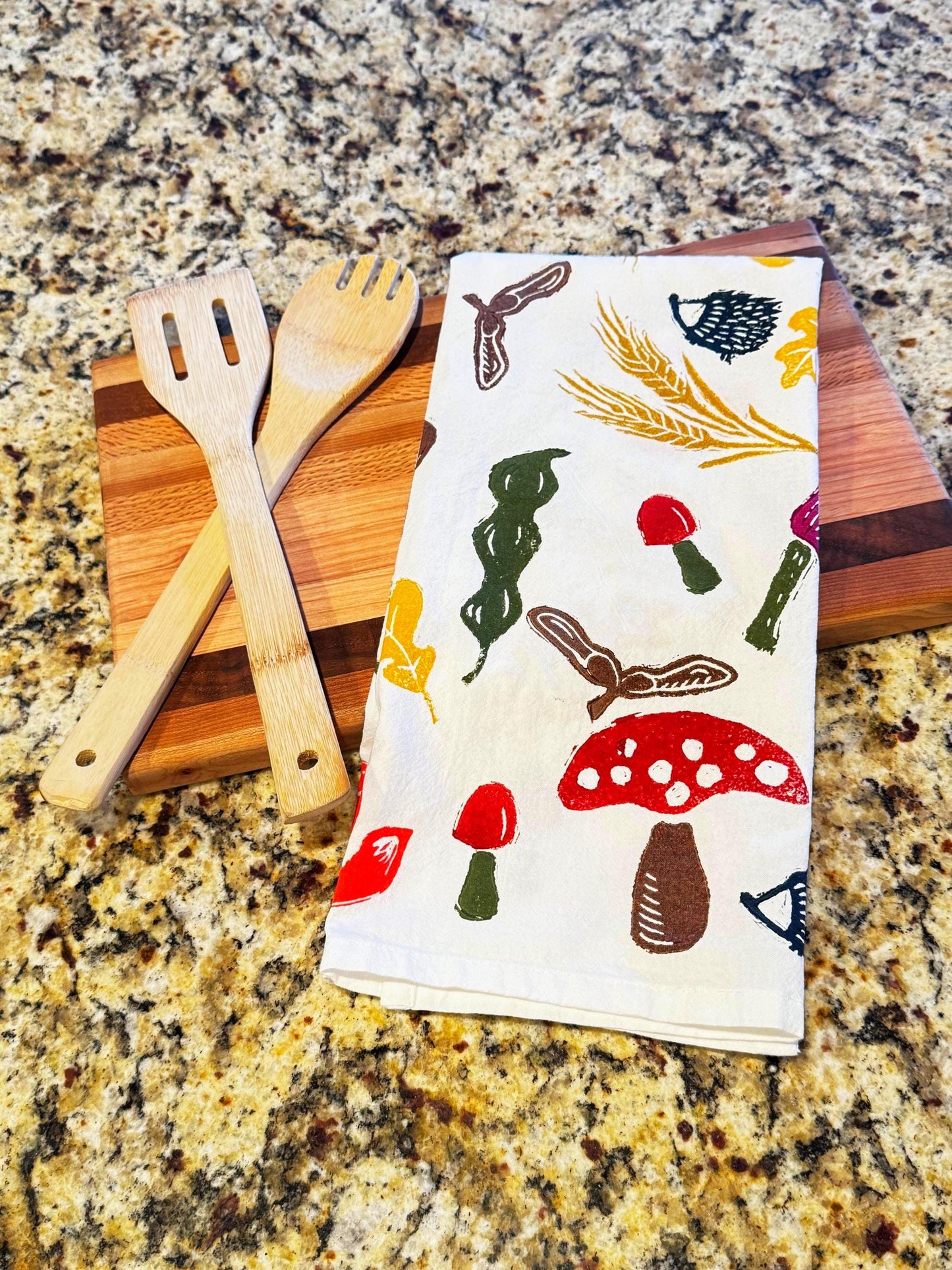 Hand Printed Mushroom Tea Towel: Woodland Cotton Kitchen Decor