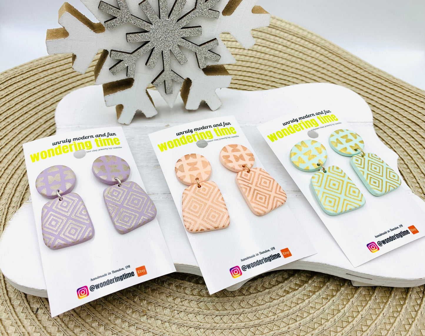 Pastel Dangle Earrings: Lightweight Polymer Clay, Geometric Print