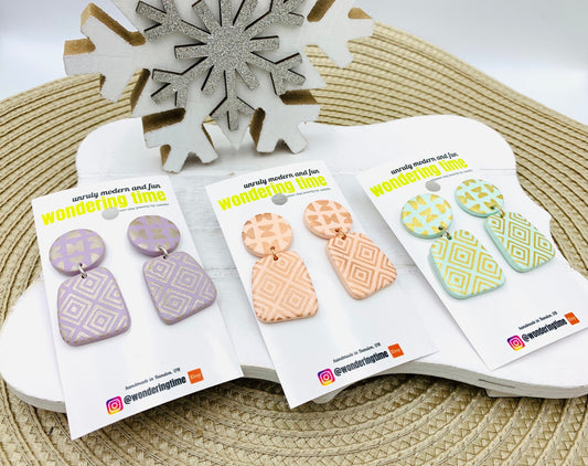 Pastel Dangle Earrings: Lightweight Polymer Clay, Geometric Print